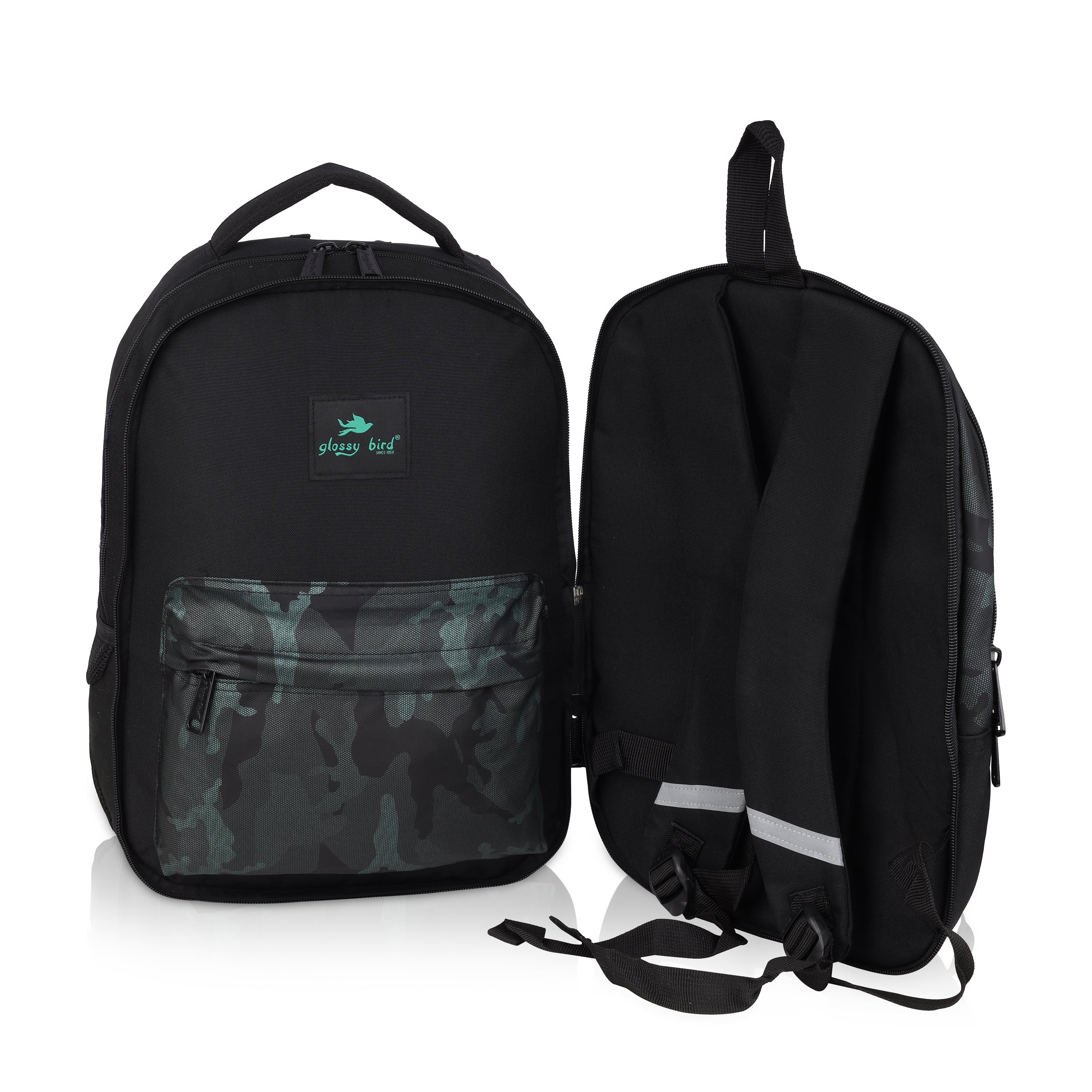 Echo Boomers Glossy Bird Backpack – Water-Resistant Unisex Bag with 4 Compartments, Bottle Holder, Detachable Pouch & Padded Straps – Travel & School Backpack (SKY)