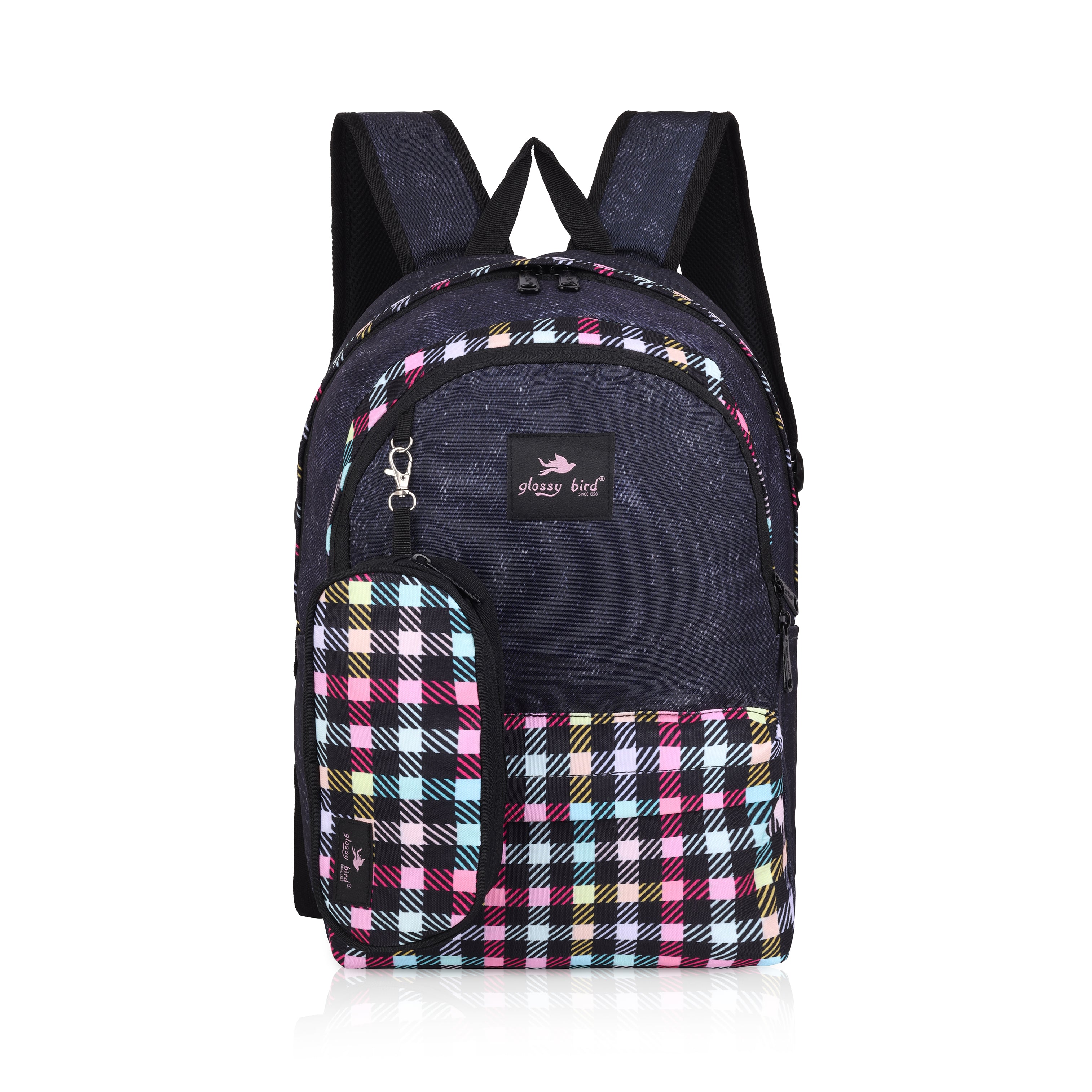 Echo Boomers Glossy Bird 21L Unisex Backpack with Pouch – Stylish Check Design, 3 Compartments, Front Pocket, Bottle Holder – Water-Resistant School, Travel, Office Bag (Yellow