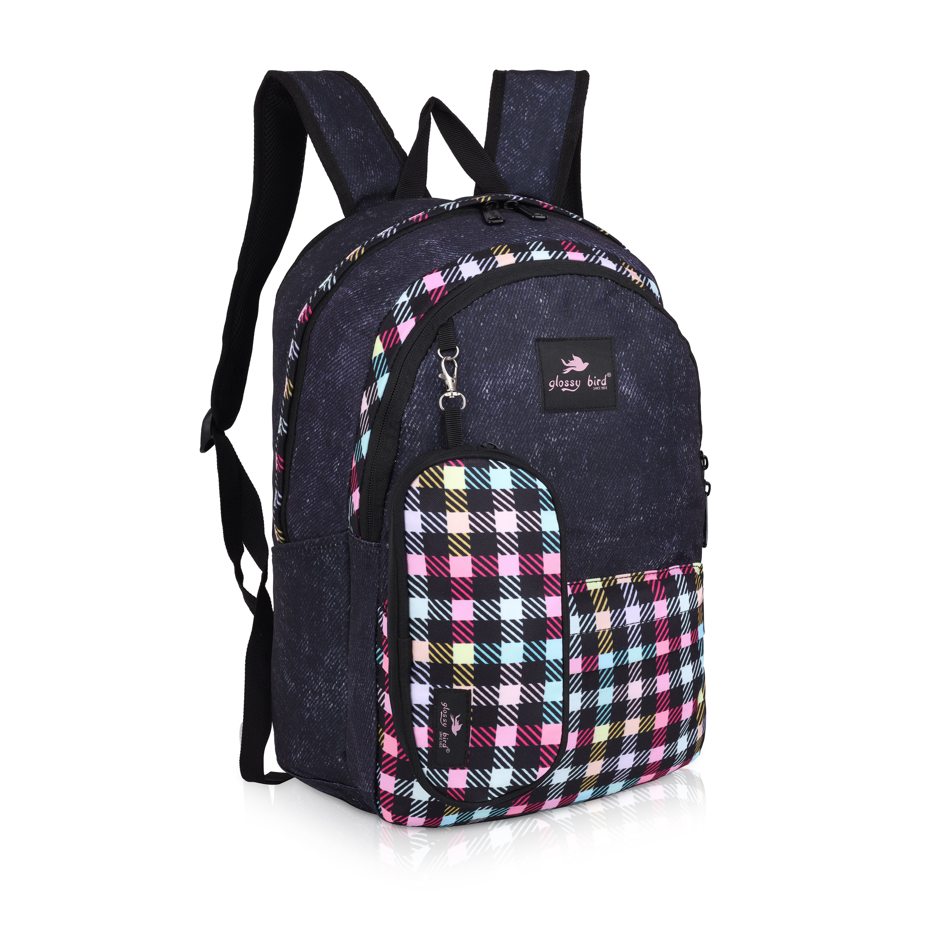 Echo Boomers Glossy Bird 21L Unisex Backpack with Pouch – Stylish Check Design, 3 Compartments, Front Pocket, Bottle Holder – Water-Resistant School, Travel, Office Bag (Yellow