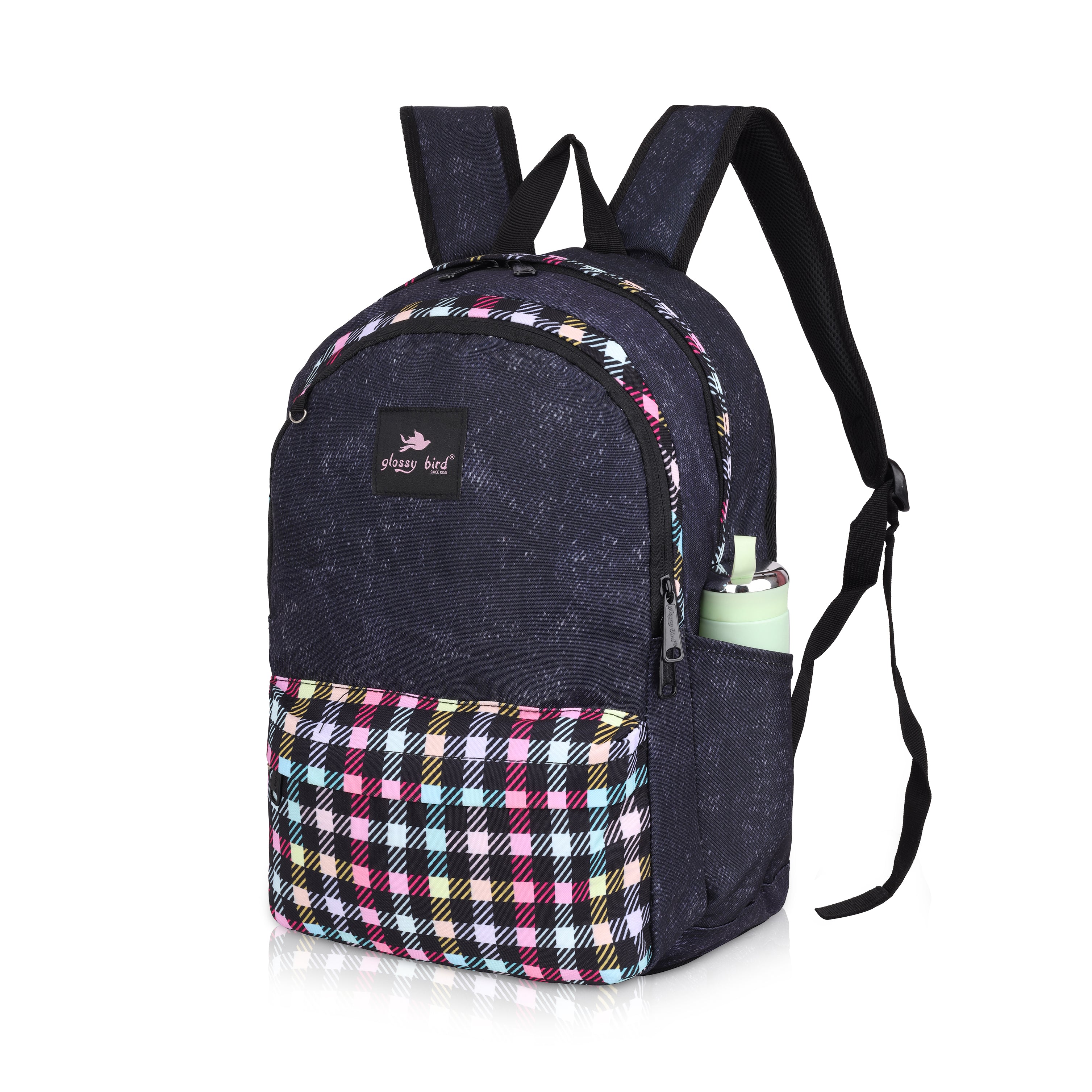 Echo Boomers Glossy Bird 21L Unisex Backpack with Pouch – Stylish Check Design, 3 Compartments, Front Pocket, Bottle Holder – Water-Resistant School, Travel, Office Bag (Yellow