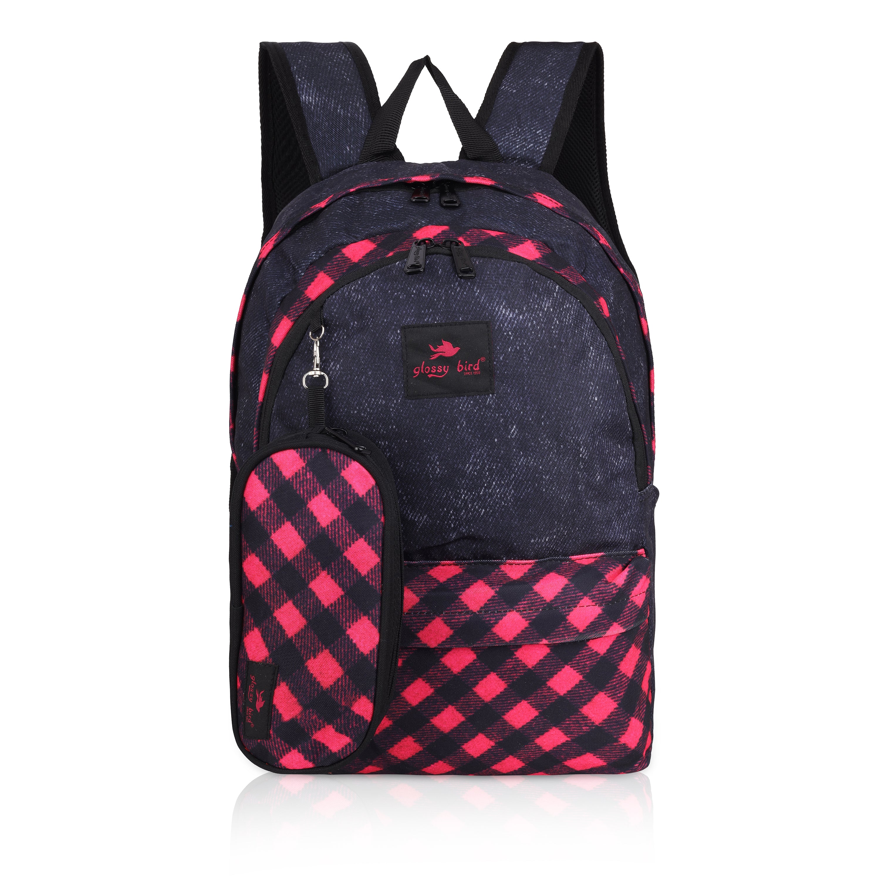 Echo Boomers Glossy Bird 21L Unisex Backpack with Pouch – Stylish Check Design, 3 Compartments, Front Pocket, Bottle Holder – Water-Resistant School, Travel, Office Bag (Yellow