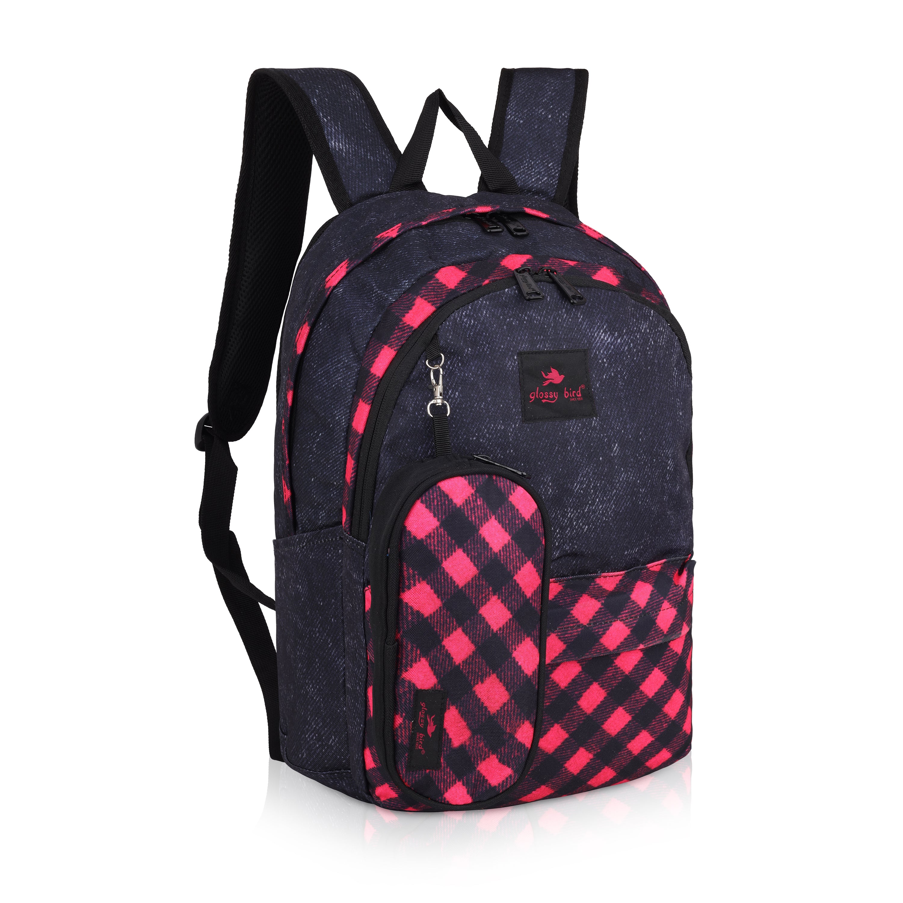 Echo Boomers Glossy Bird 21L Unisex Backpack with Pouch – Stylish Check Design, 3 Compartments, Front Pocket, Bottle Holder – Water-Resistant School, Travel, Office Bag (Yellow