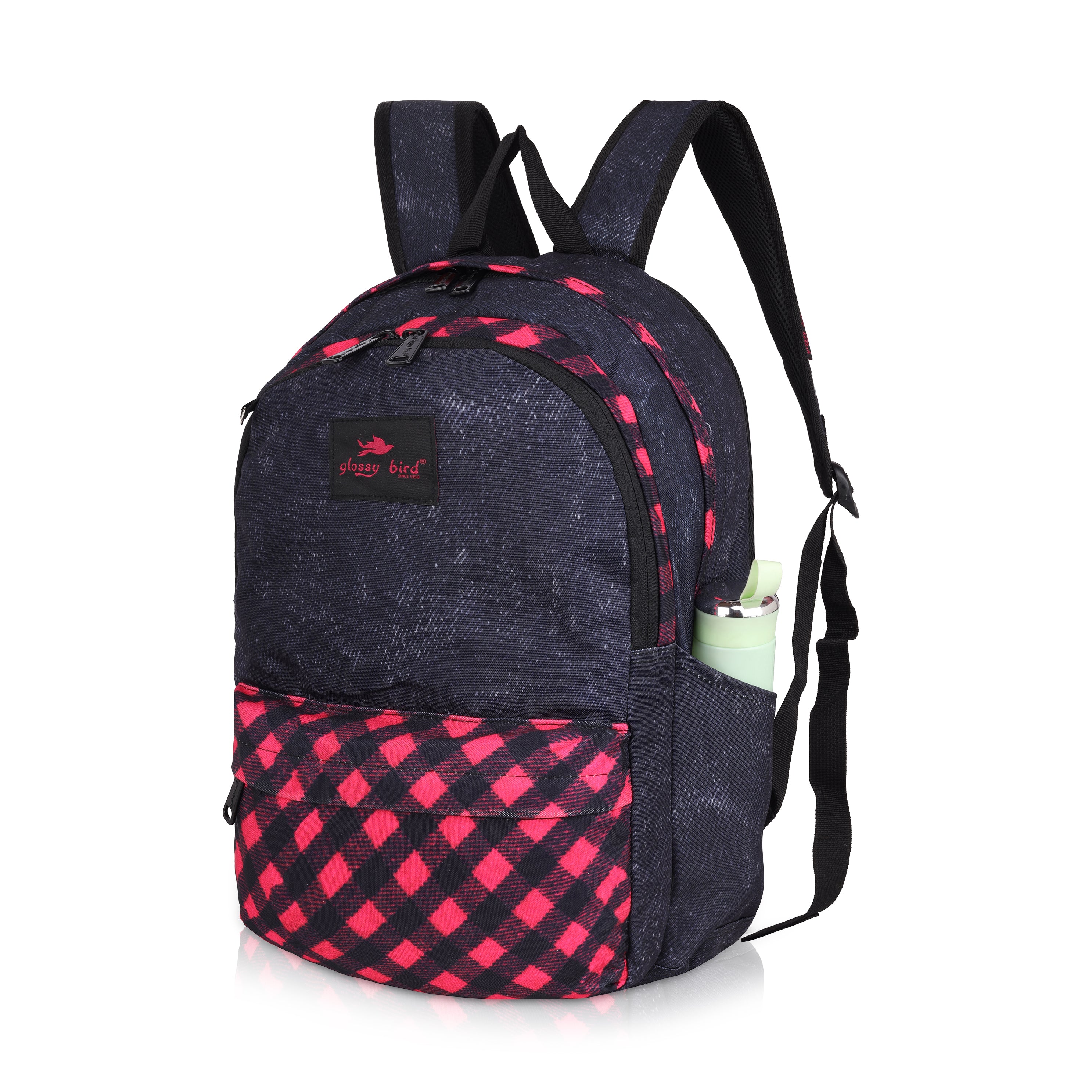 Echo Boomers Glossy Bird 21L Unisex Backpack with Pouch – Stylish Check Design, 3 Compartments, Front Pocket, Bottle Holder – Water-Resistant School, Travel, Office Bag (Yellow