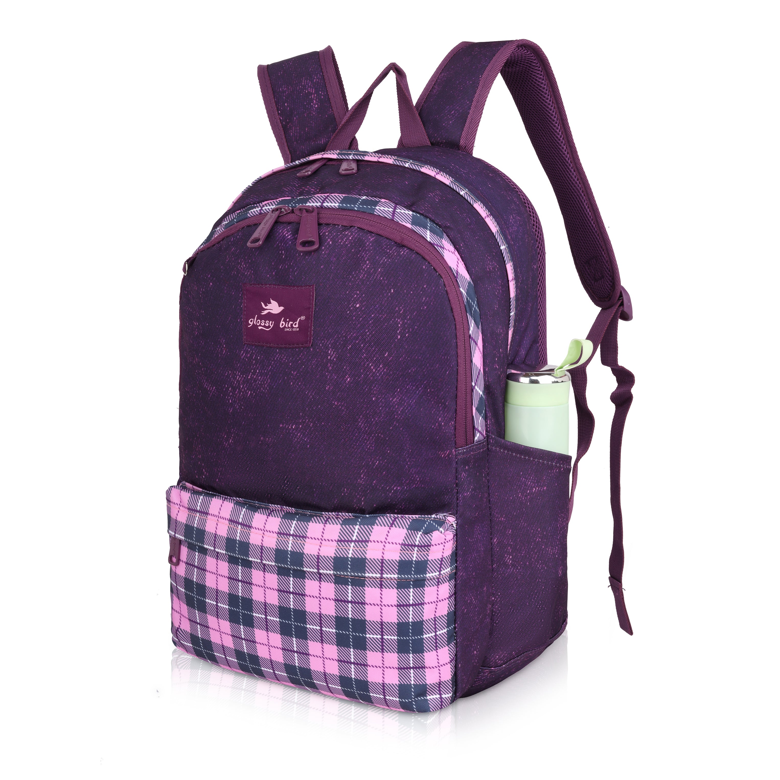 Echo Boomers Glossy Bird 21L Unisex Backpack with Pouch – Stylish Check Design, 3 Compartments, Front Pocket, Bottle Holder – Water-Resistant School, Travel, Office Bag (Yellow