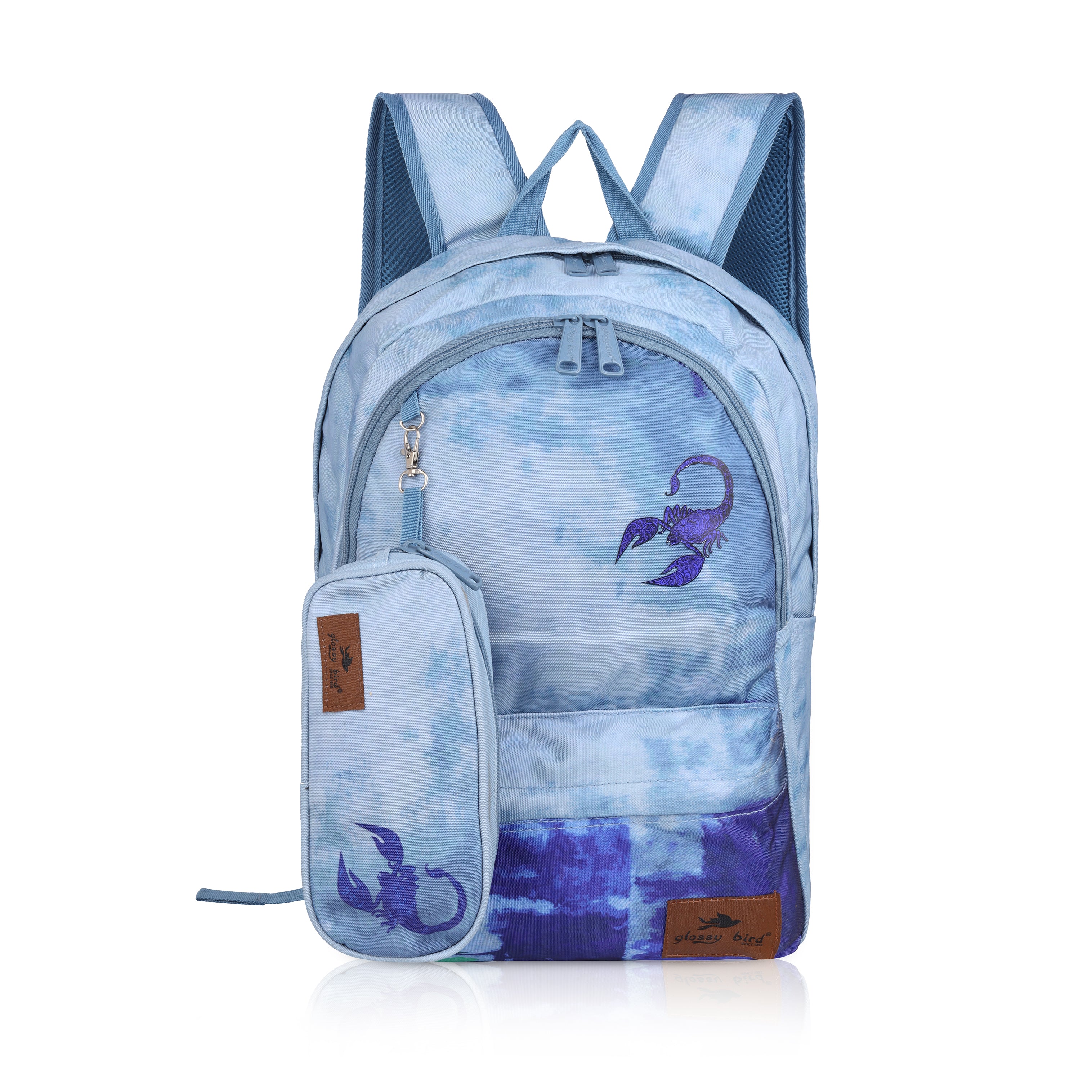 Echo Boomers Glossy Bird Backpack – Water-Resistant Stylish Bag with 3 Compartments, Bottle Holder, Detachable Pouch & Padded Straps – School & Travel Bag (AQUA)