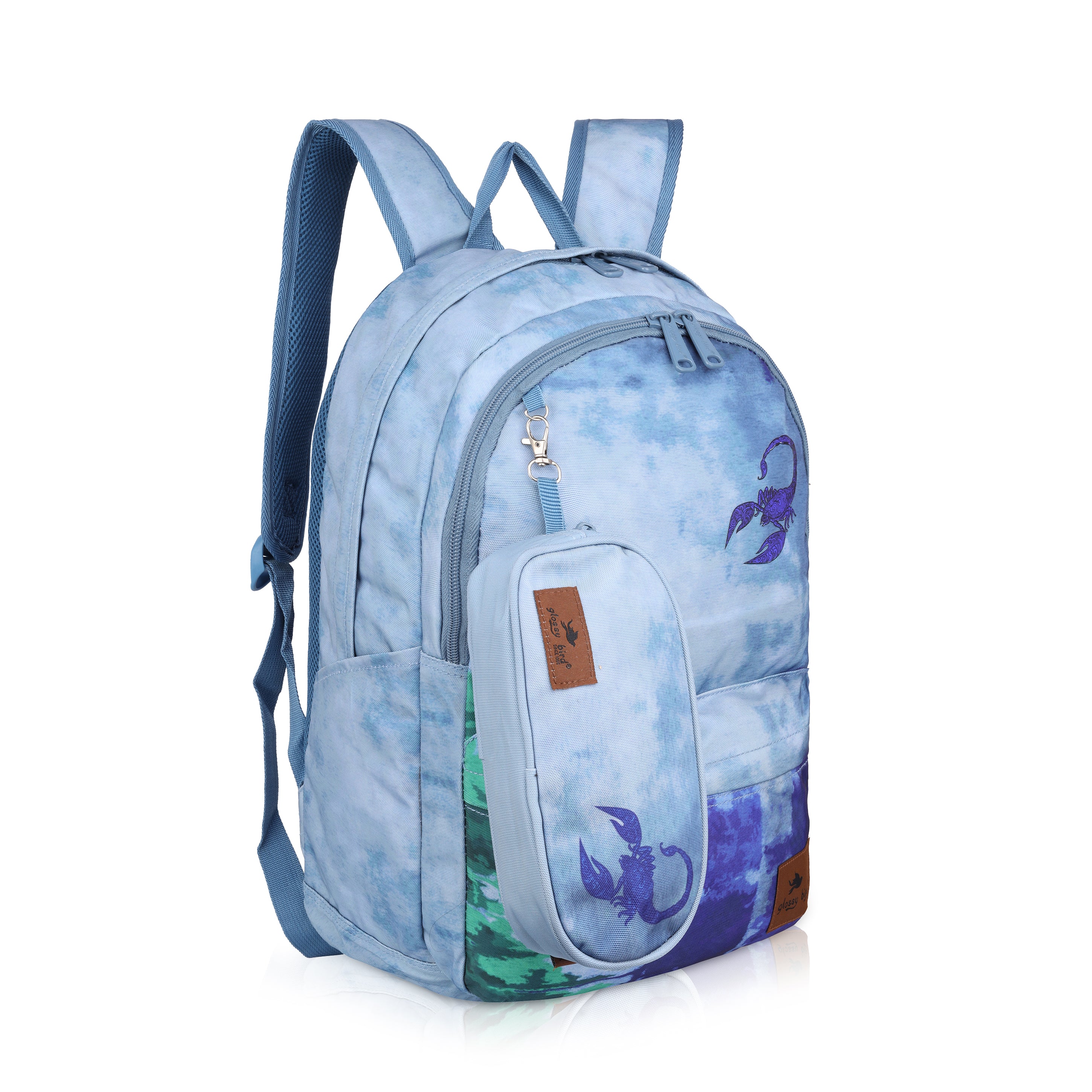 Echo Boomers Glossy Bird Backpack – Water-Resistant Stylish Bag with 3 Compartments, Bottle Holder, Detachable Pouch & Padded Straps – School & Travel Bag (AQUA)