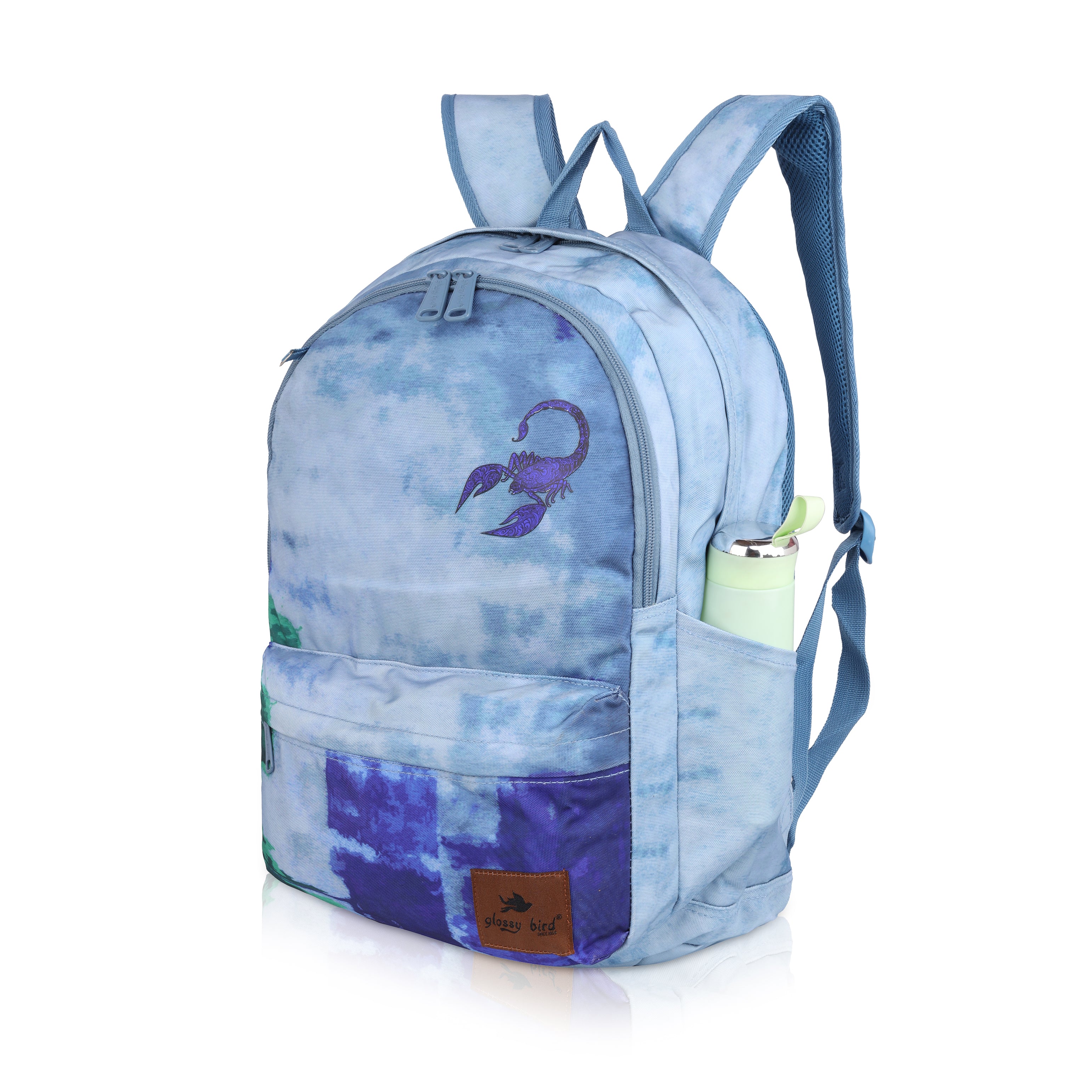 Echo Boomers Glossy Bird Backpack – Water-Resistant Stylish Bag with 3 Compartments, Bottle Holder, Detachable Pouch & Padded Straps – School & Travel Bag (AQUA)