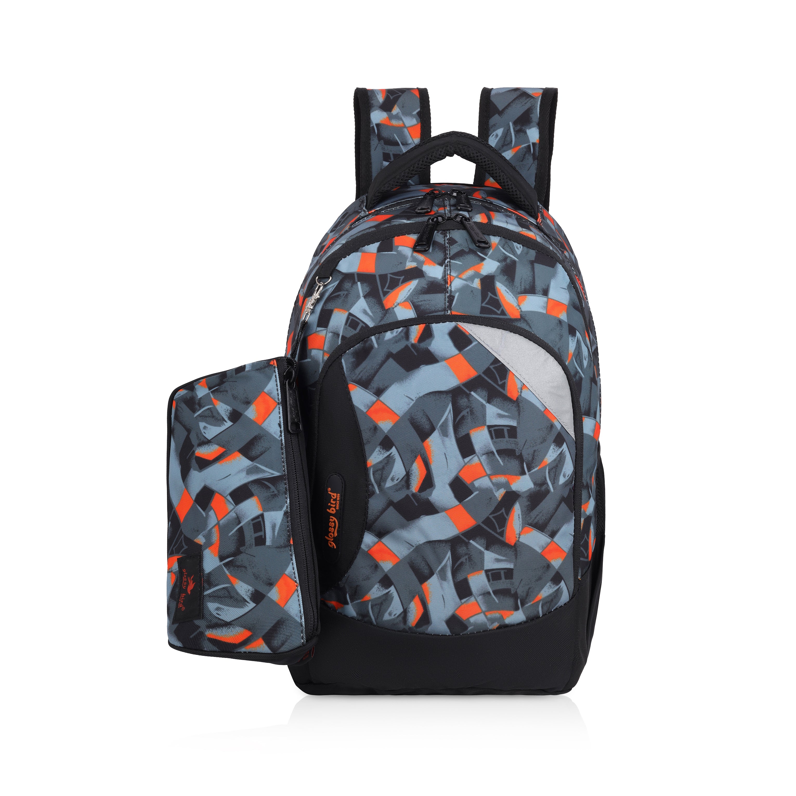 Echo Boomers -Orange Glossy Bird Backpack – Unisex, Water-Resistant with Detachable Pouch & Bottle Holder – Ideal for School, College & Travel