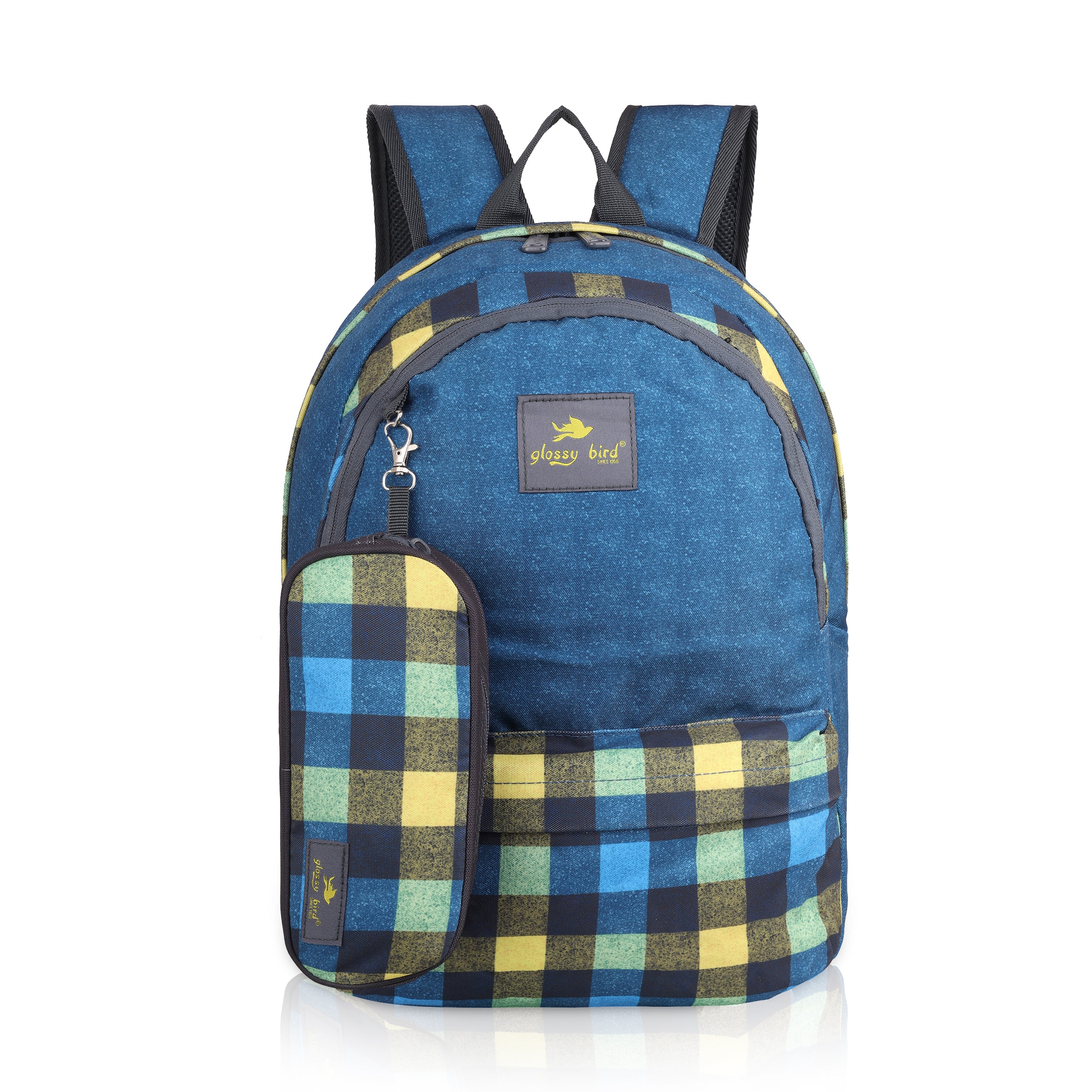 Echo Boomers Glossy Bird 21L Unisex Backpack with Pouch – Stylish Check Design, 3 Compartments, Front Pocket, Bottle Holder – Water-Resistant School, Travel, Office Bag (Yellow