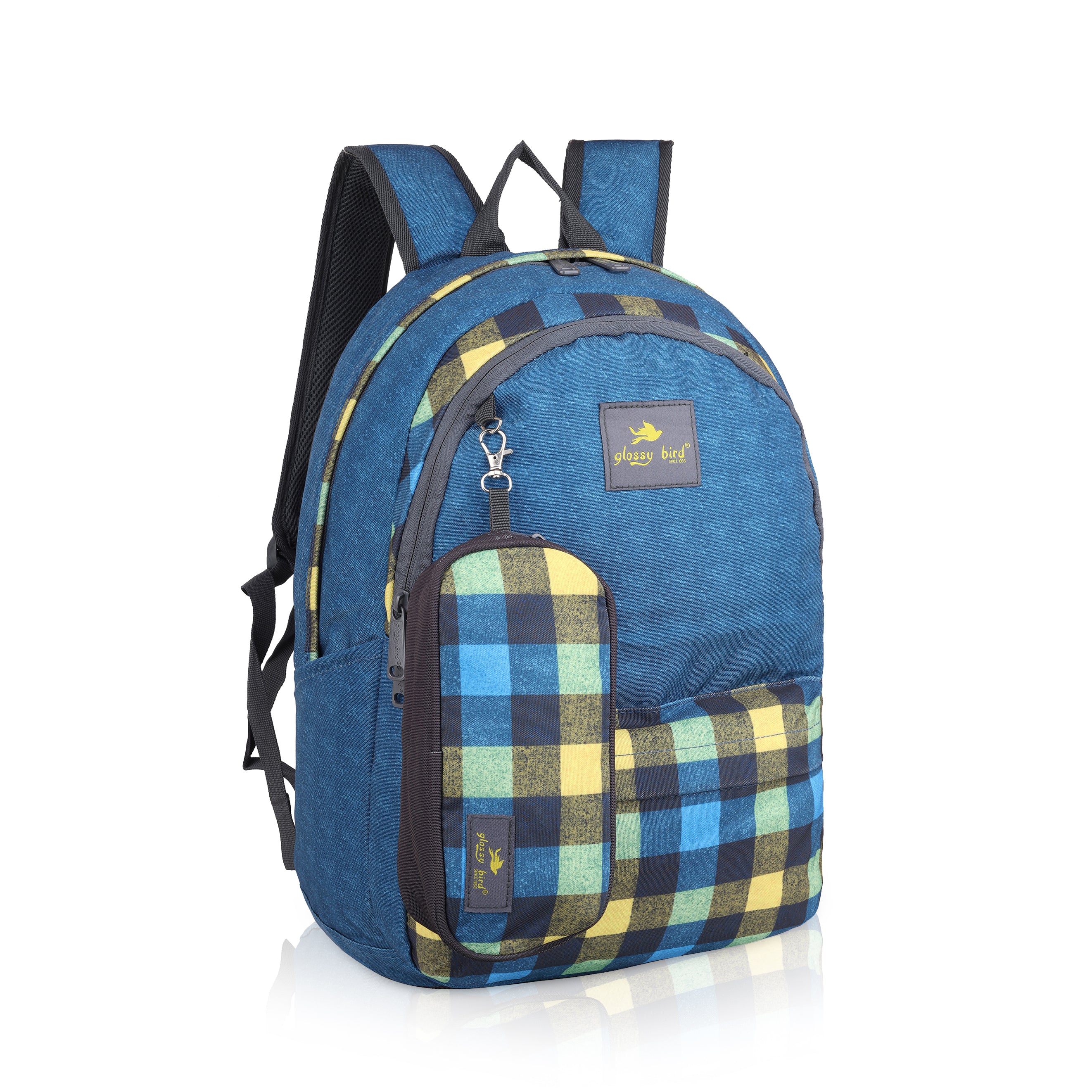 Echo Boomers Glossy Bird 21L Unisex Backpack with Pouch – Stylish Check Design, 3 Compartments, Front Pocket, Bottle Holder – Water-Resistant School, Travel, Office Bag (Yellow