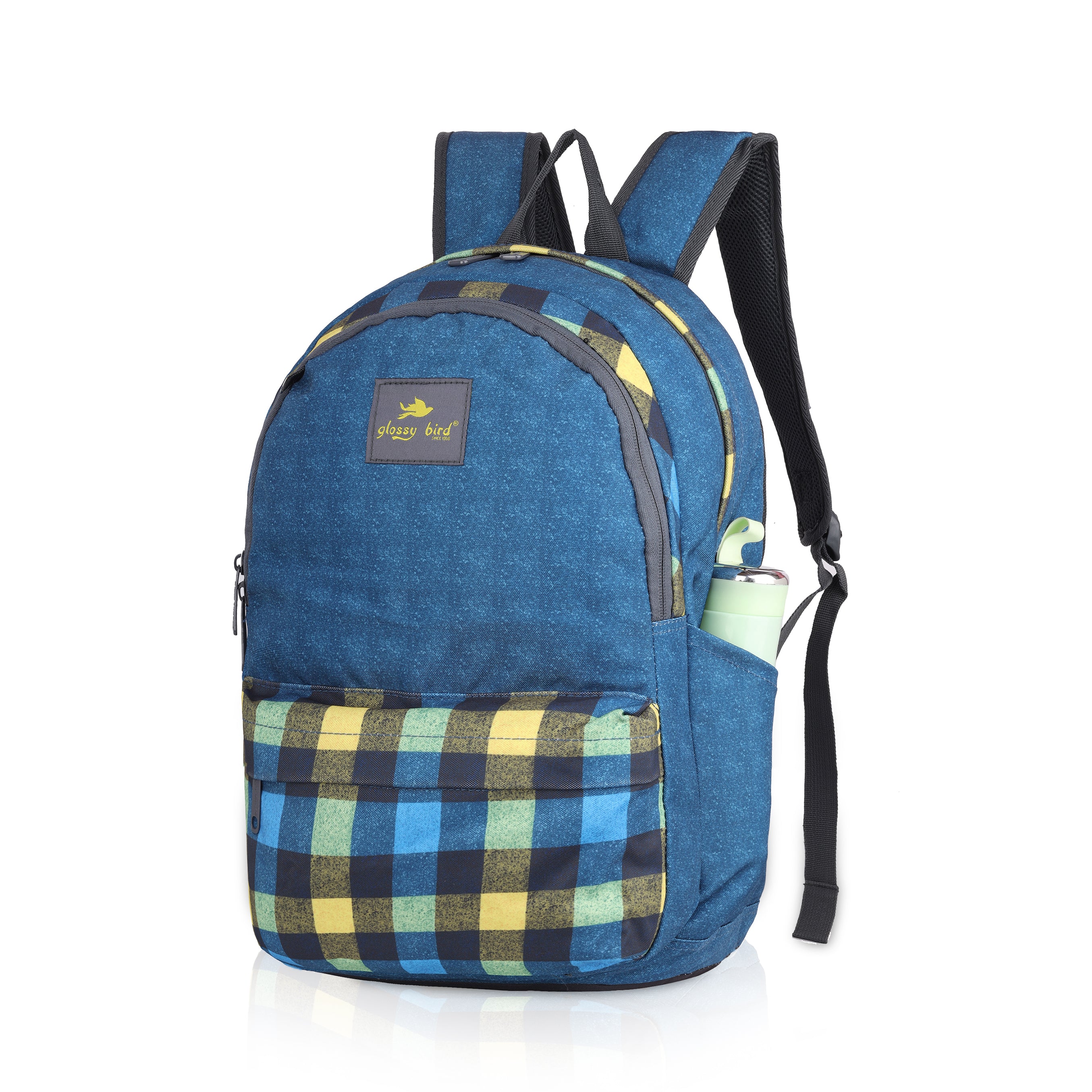 Echo Boomers Glossy Bird 21L Unisex Backpack with Pouch – Stylish Check Design, 3 Compartments, Front Pocket, Bottle Holder – Water-Resistant School, Travel, Office Bag (Yellow