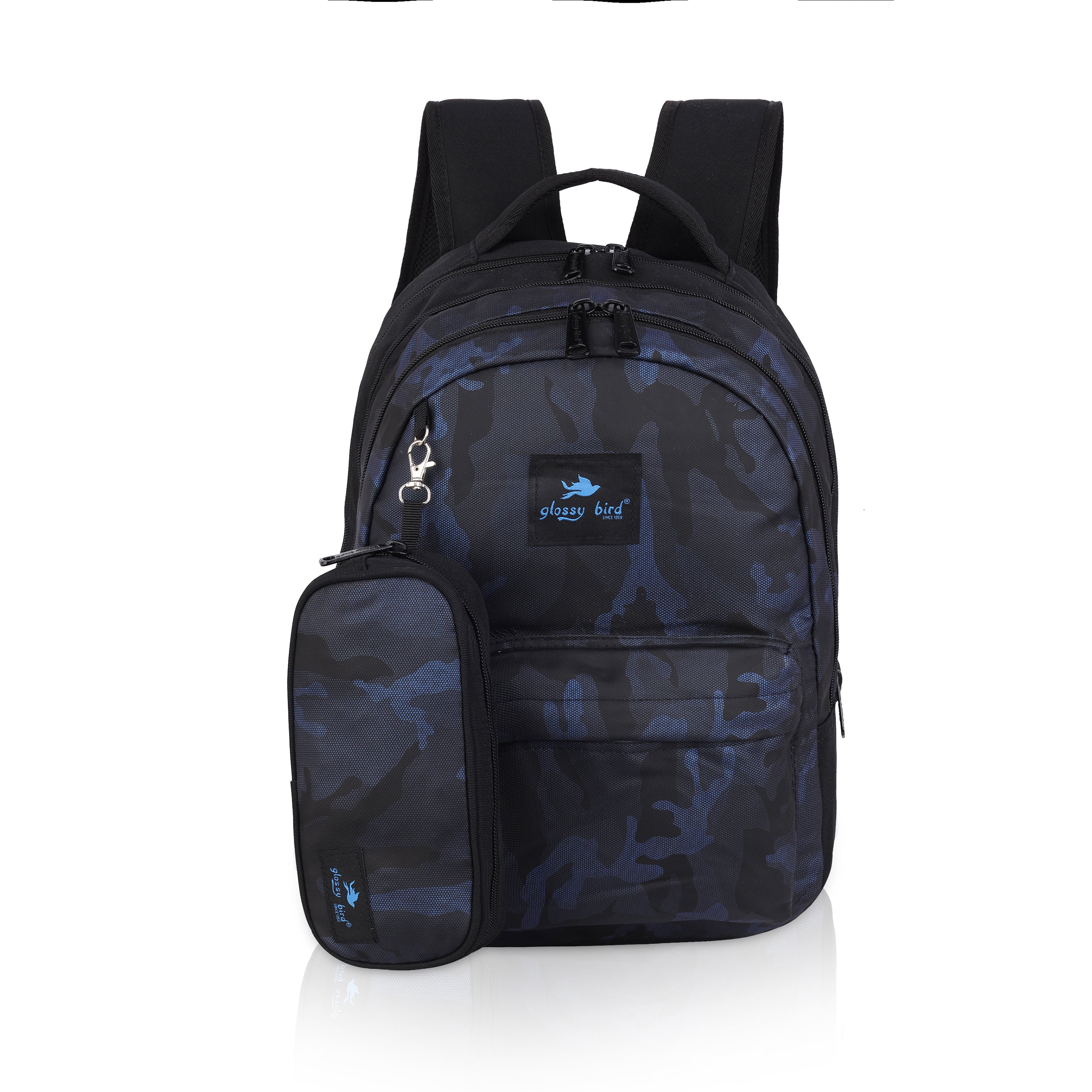 Echo Boomers Glossy Bird Backpack – Water-Resistant Unisex Bag with 4 Compartments, Bottle Holder, Detachable Pouch & Padded Straps – Travel & School Backpack (SKY)