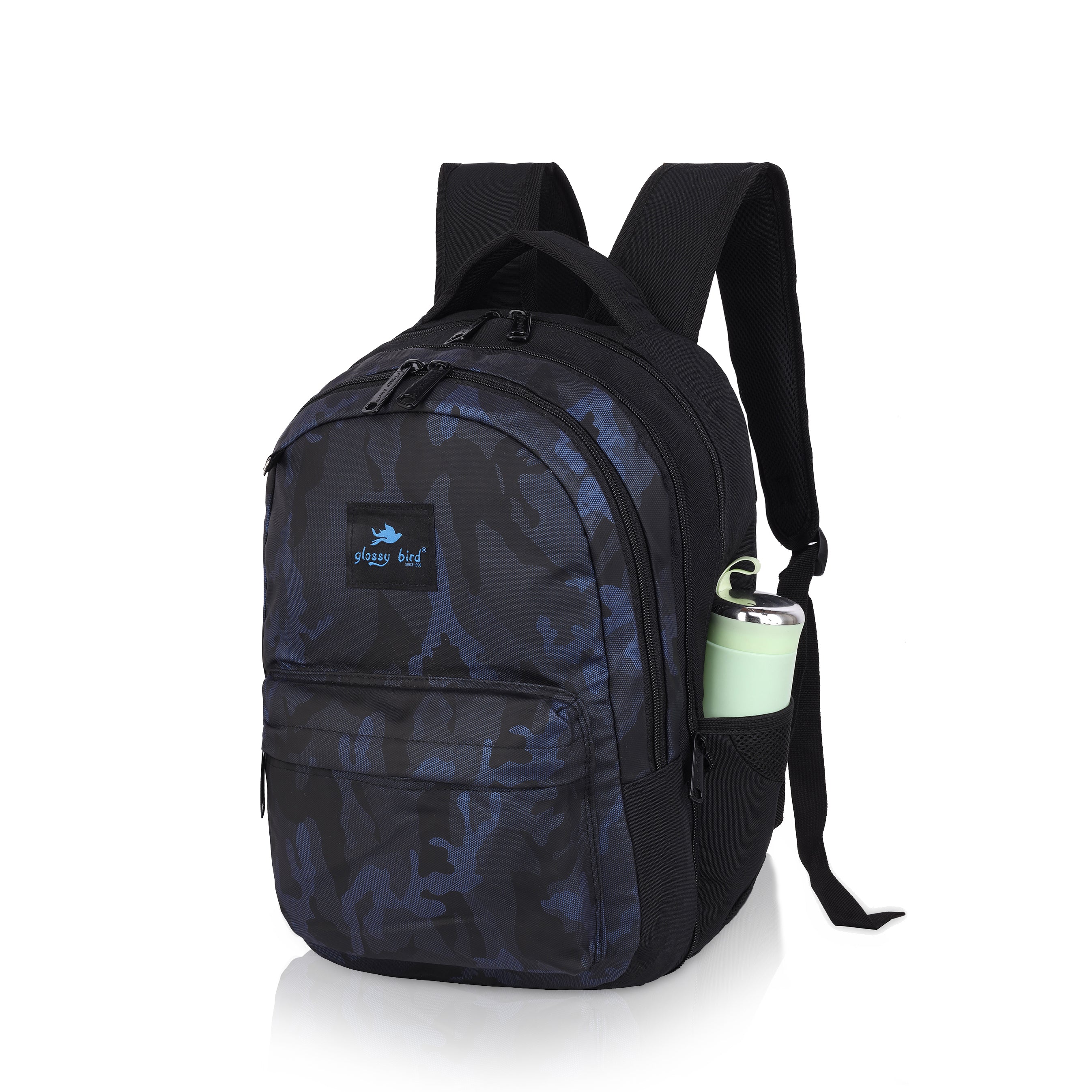 Echo Boomers Glossy Bird Backpack – Water-Resistant Unisex Bag with 4 Compartments, Bottle Holder, Detachable Pouch & Padded Straps – Travel & School Backpack (SKY)