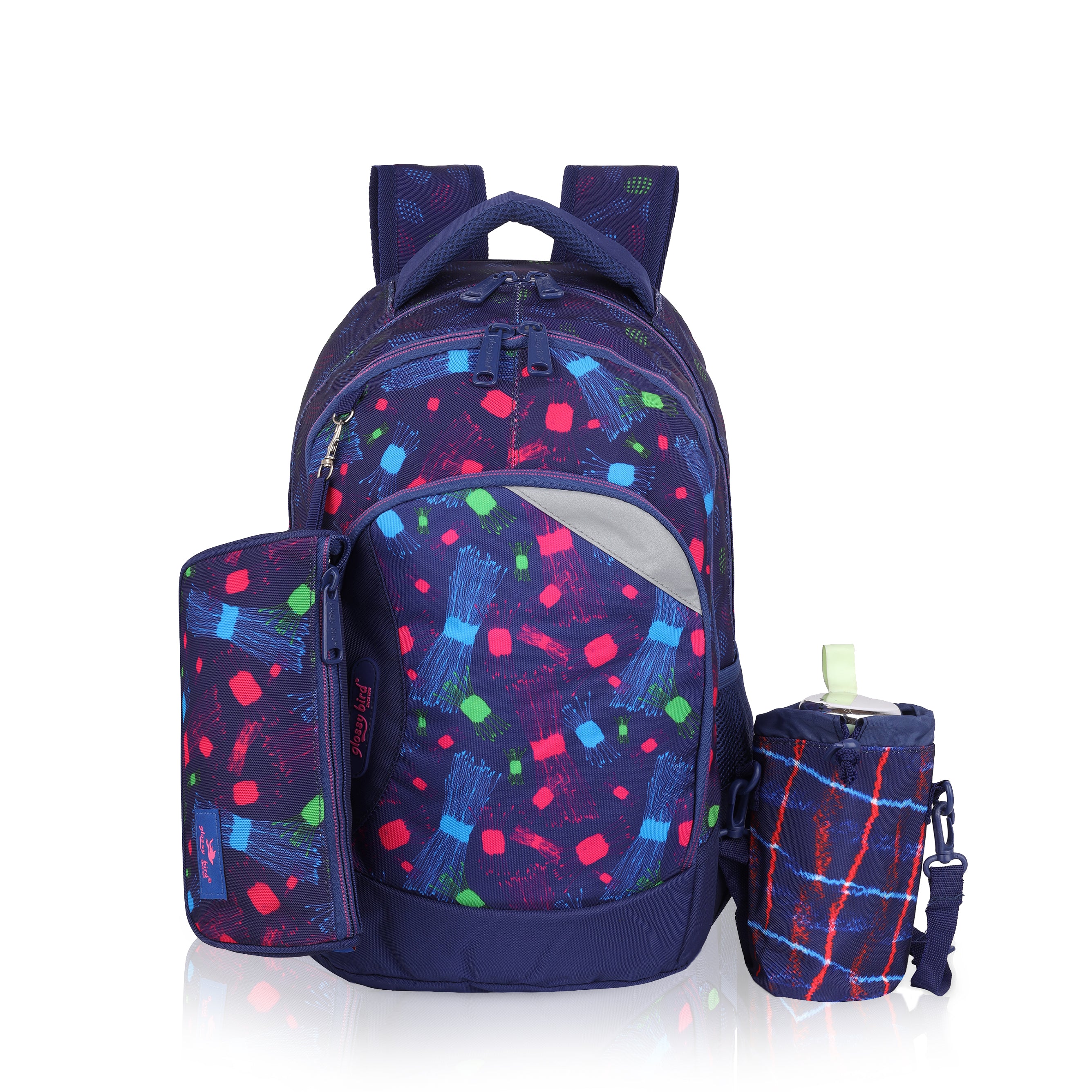 Echo Boomers Glossy Bird Backpack (BLACK) – Lightweight Water-Resistant School Bag for Girls & Boys with Detachable Pouch & Bottle Holder – Stylish Multi-Pocket Travel Backpack