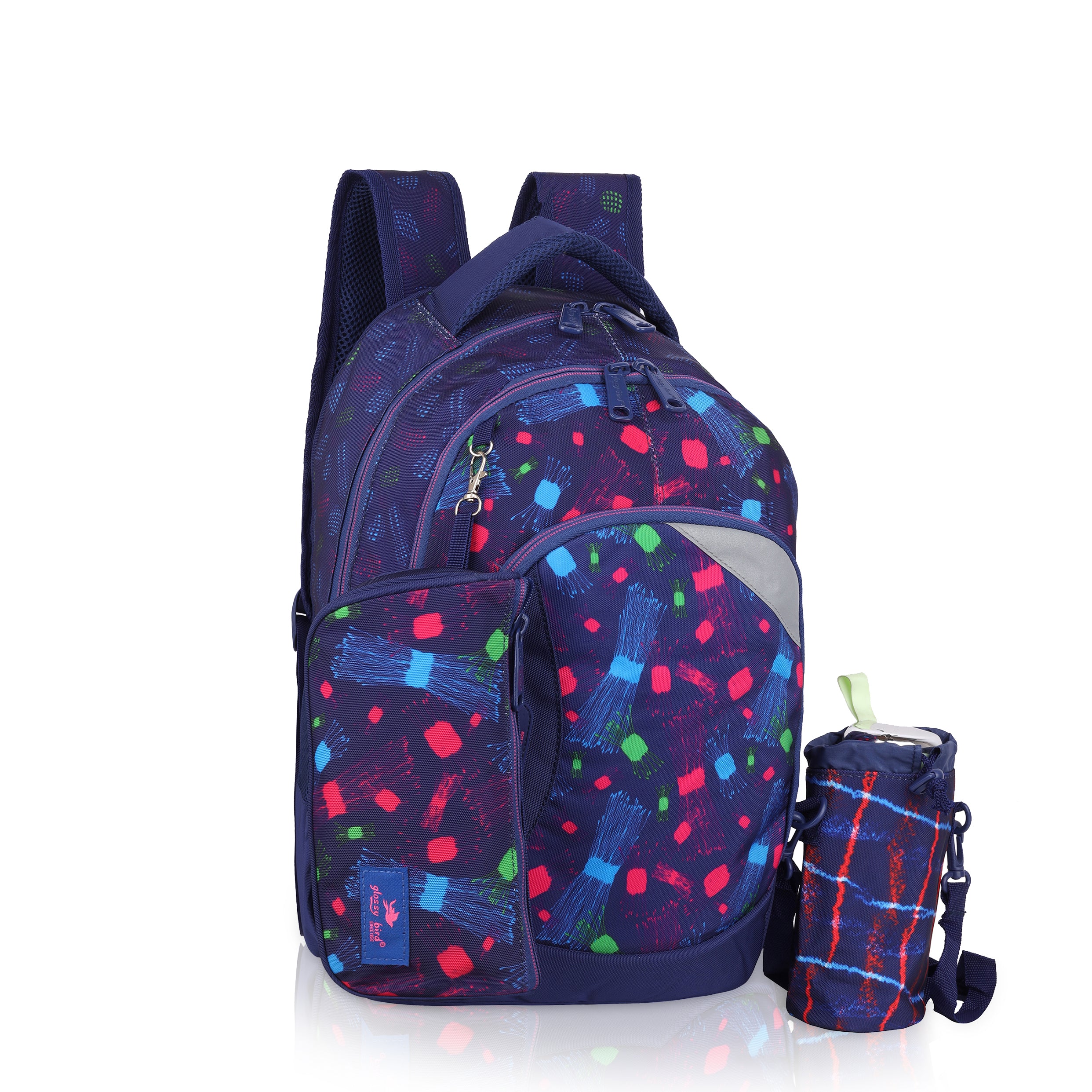 Echo Boomers Glossy Bird Backpack (BLACK) – Lightweight Water-Resistant School Bag for Girls & Boys with Detachable Pouch & Bottle Holder – Stylish Multi-Pocket Travel Backpack