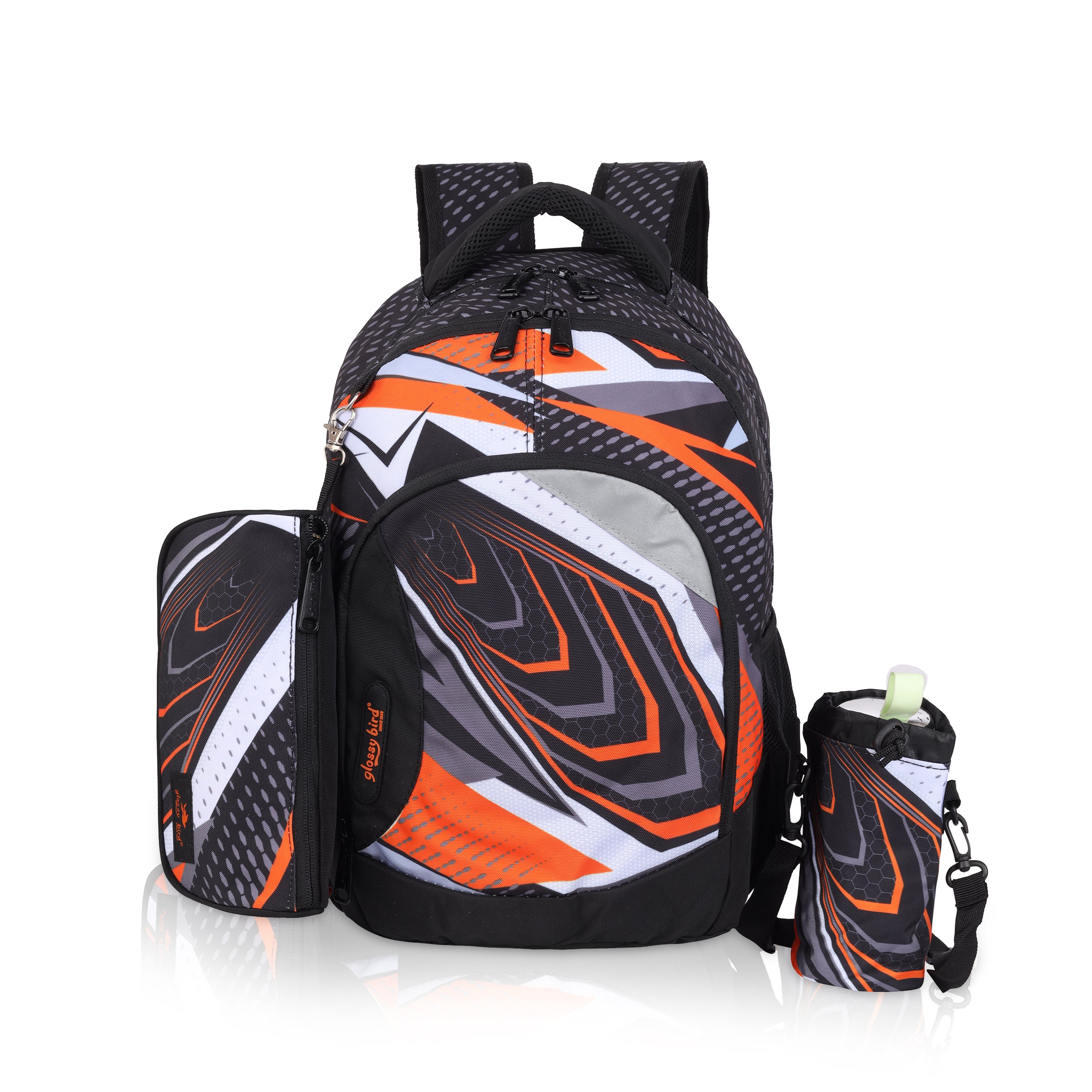 Echo Boomers -Orange Glossy Bird Backpack – Unisex, Water-Resistant with Detachable Pouch & Bottle Holder – Ideal for School, College & Travel