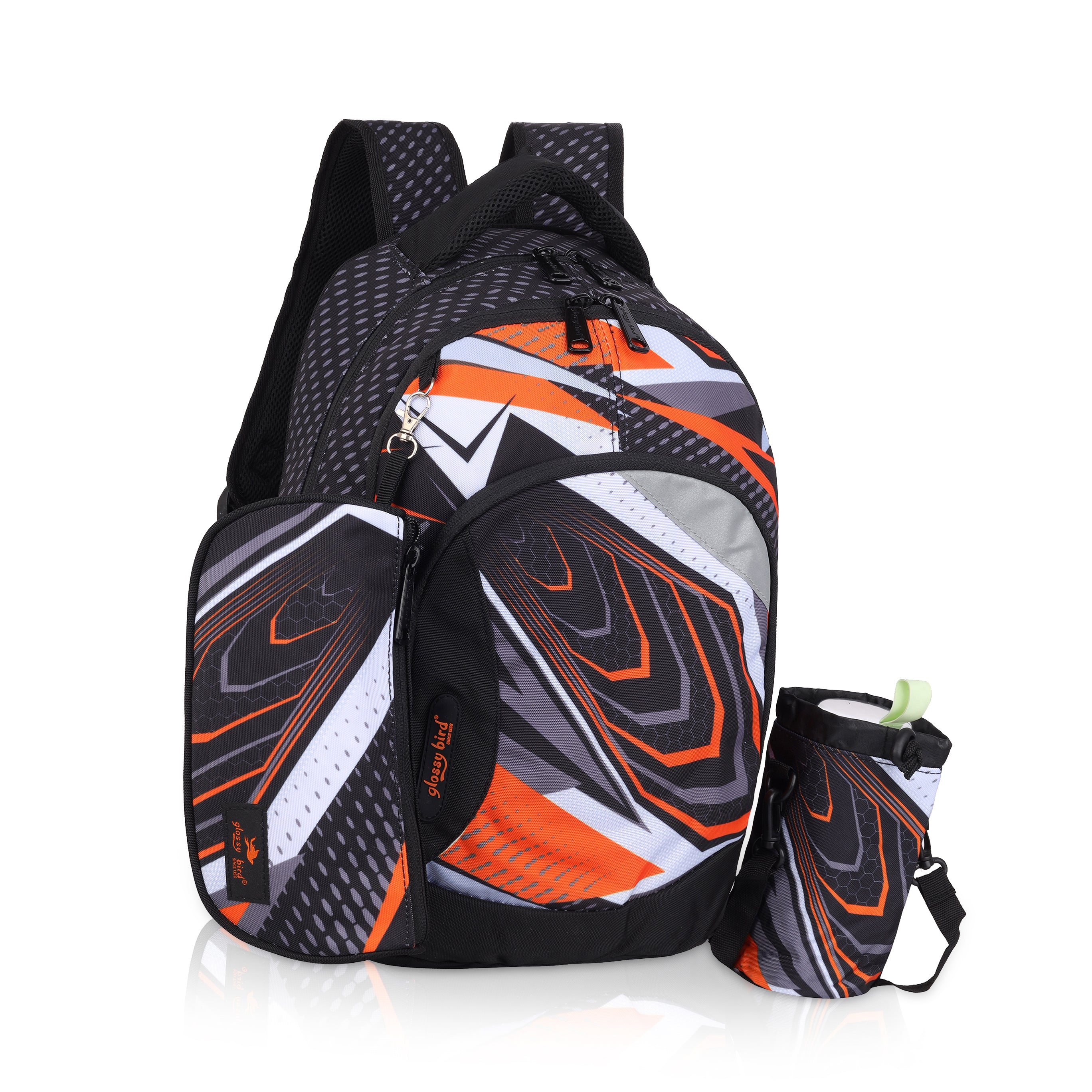 Echo Boomers -Orange Glossy Bird Backpack – Unisex, Water-Resistant with Detachable Pouch & Bottle Holder – Ideal for School, College & Travel