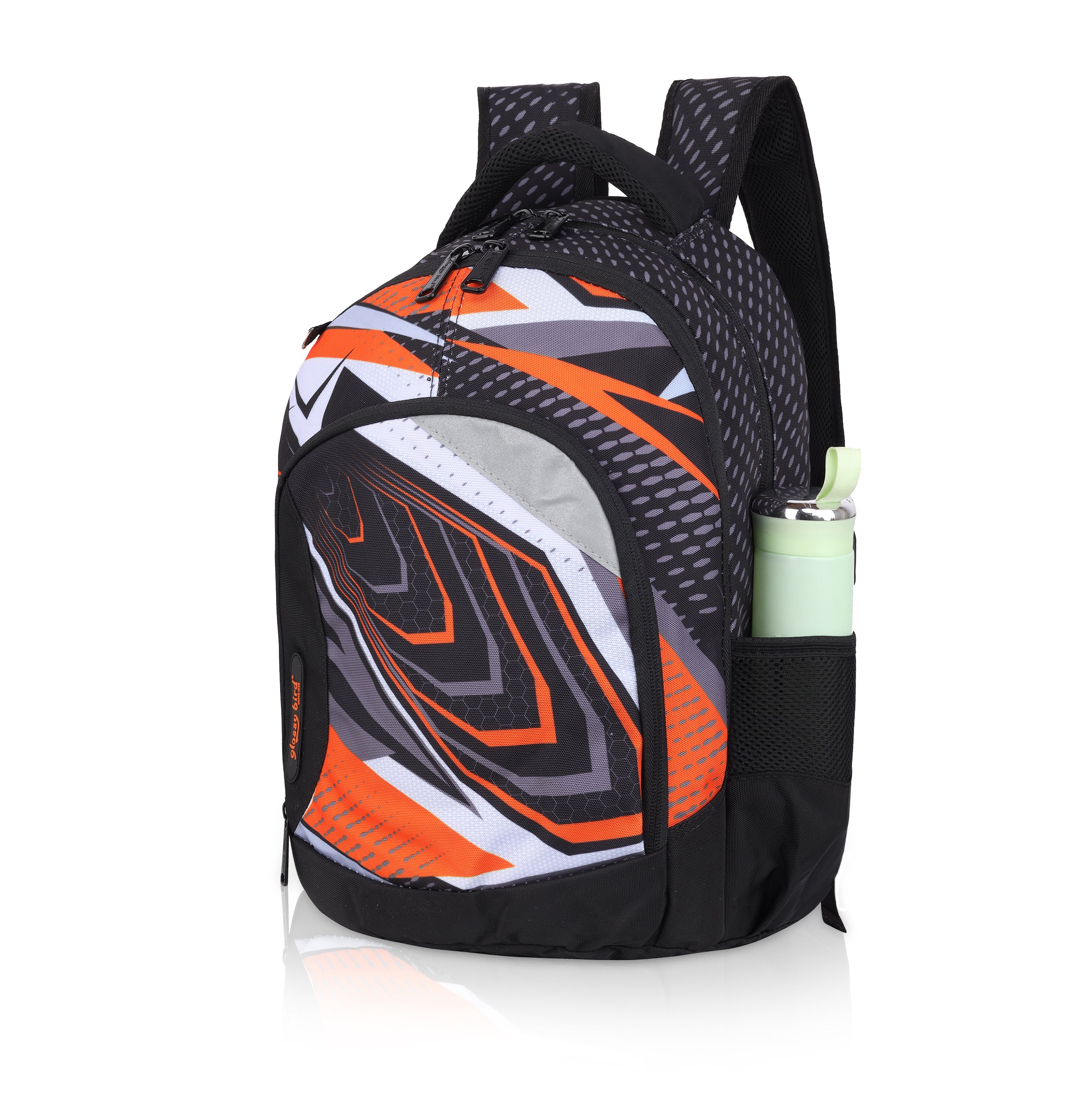 Echo Boomers -Orange Glossy Bird Backpack – Unisex, Water-Resistant with Detachable Pouch & Bottle Holder – Ideal for School, College & Travel