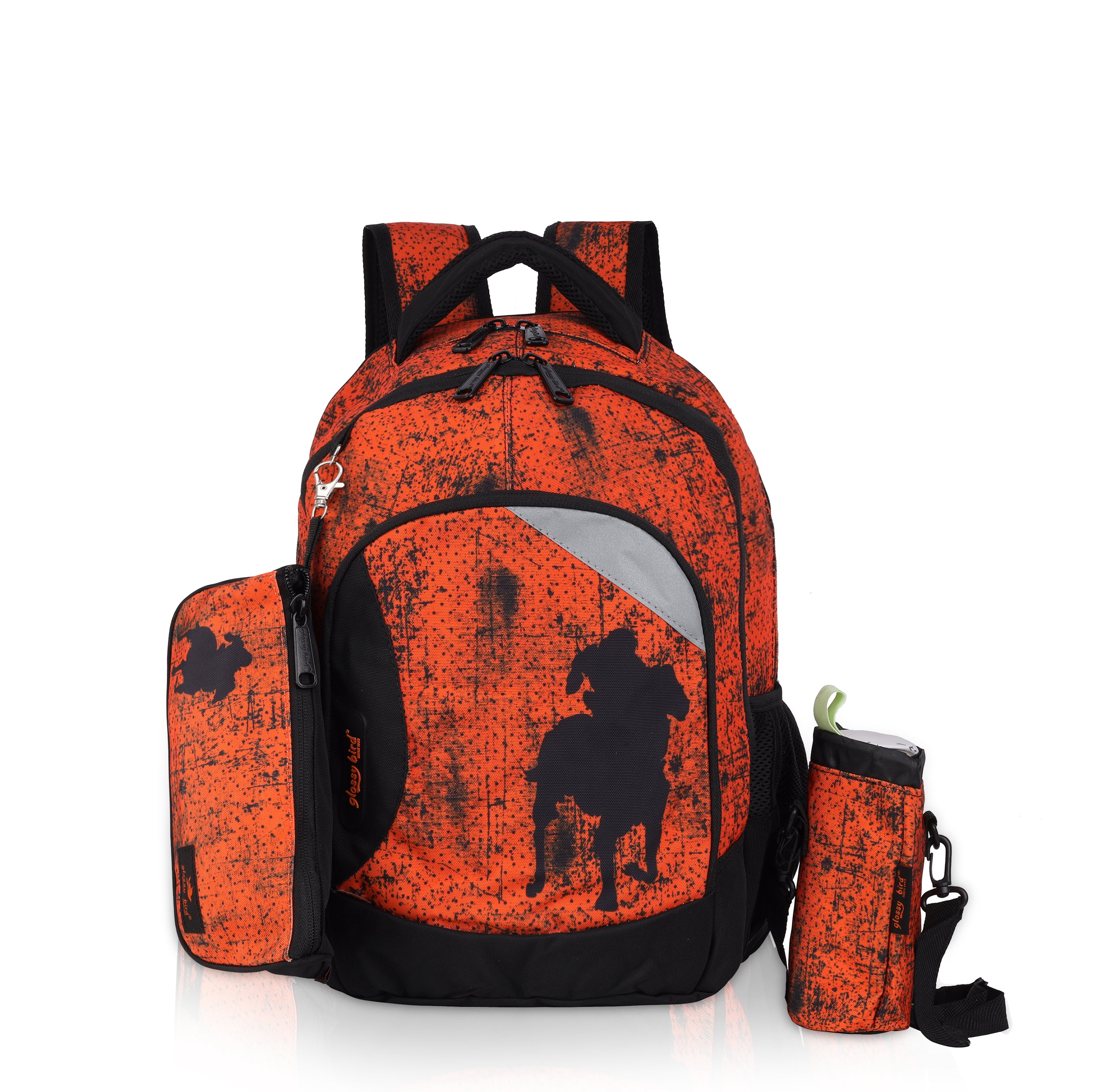 Echo Boomers -Orange Glossy Bird Backpack – Unisex, Water-Resistant with Detachable Pouch & Bottle Holder – Ideal for School, College & Travel