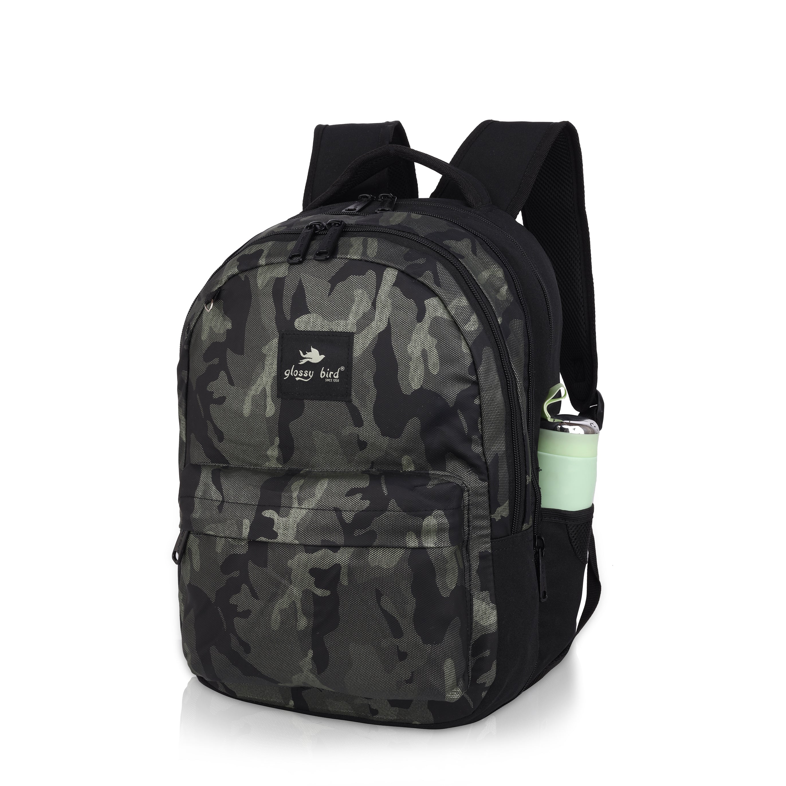 Echo Boomers Glossy Bird Backpack – Water-Resistant Unisex Bag with 4 Compartments, Bottle Holder, Detachable Pouch & Padded Straps – Travel & School Backpack (SKY)
