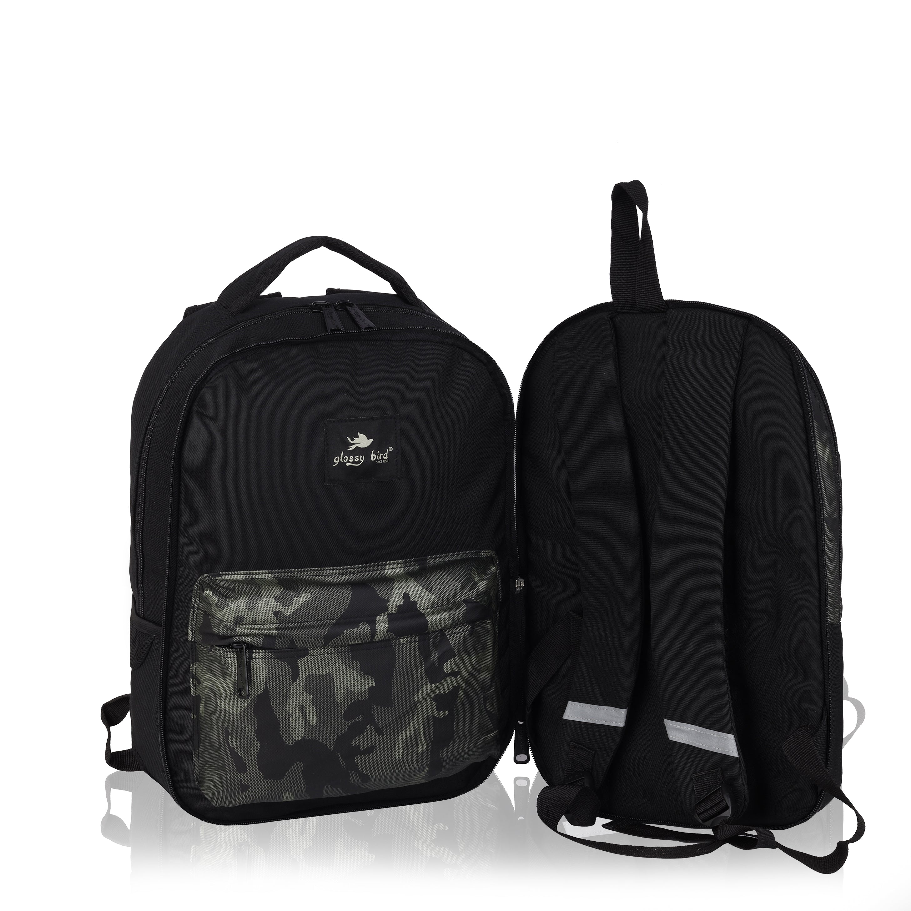 Echo Boomers Glossy Bird Backpack – Water-Resistant Unisex Bag with 4 Compartments, Bottle Holder, Detachable Pouch & Padded Straps – Travel & School Backpack (SKY)