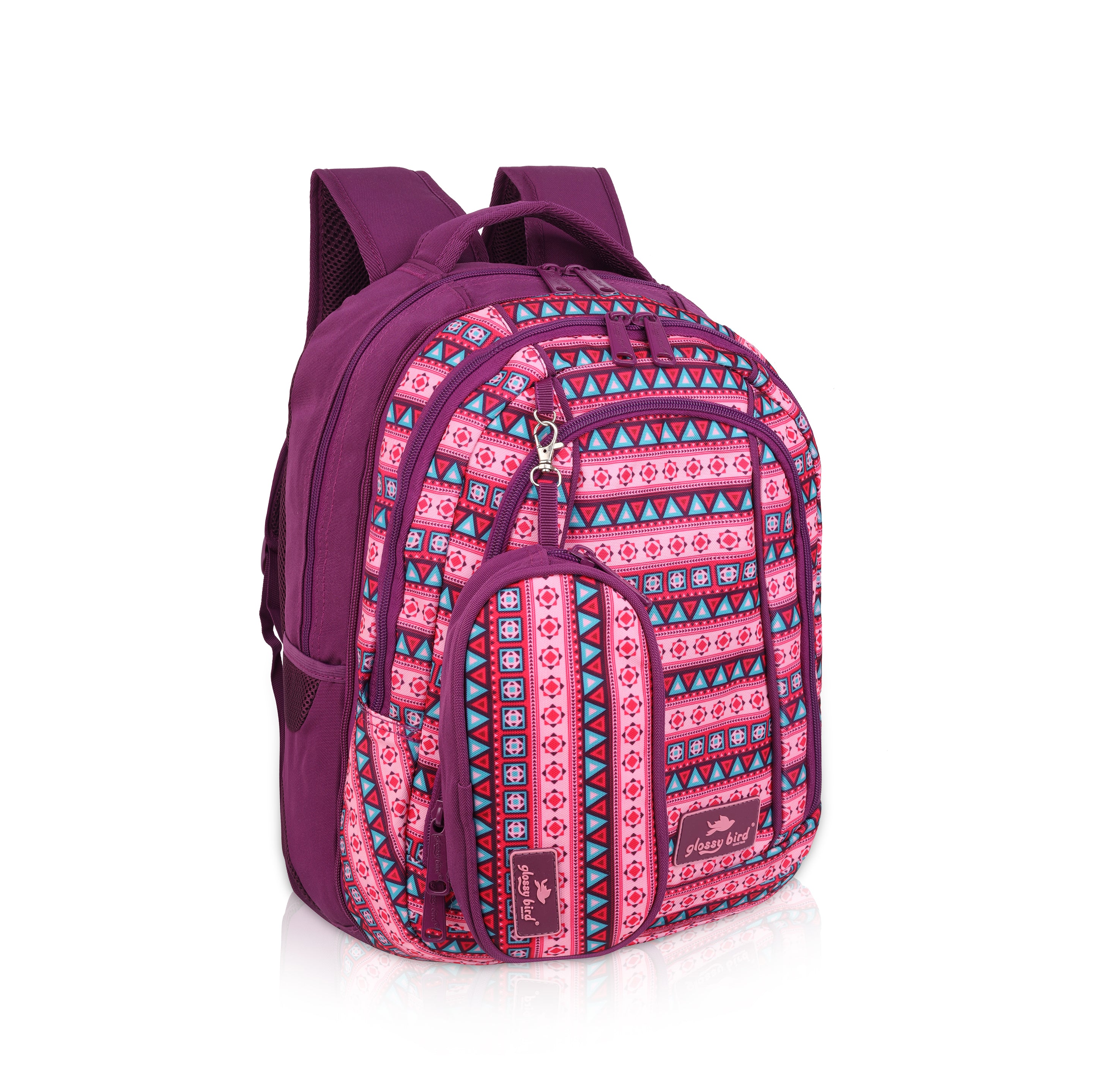 Echo Boomers Glossy Bird Unisex Backpack for School, Office & Travel – Water-Resistant, Lightweight Bag with 4 Compartments, Bottle Holder, Detachable Pouch & Ergonomic Straps (Purple)