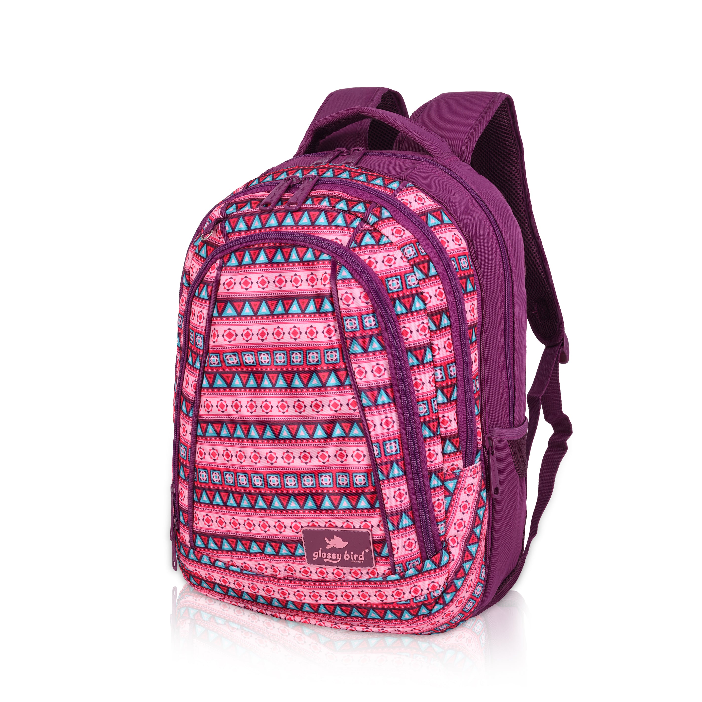 Echo Boomers Glossy Bird Unisex Backpack for School, Office & Travel – Water-Resistant, Lightweight Bag with 4 Compartments, Bottle Holder, Detachable Pouch & Ergonomic Straps (Purple)
