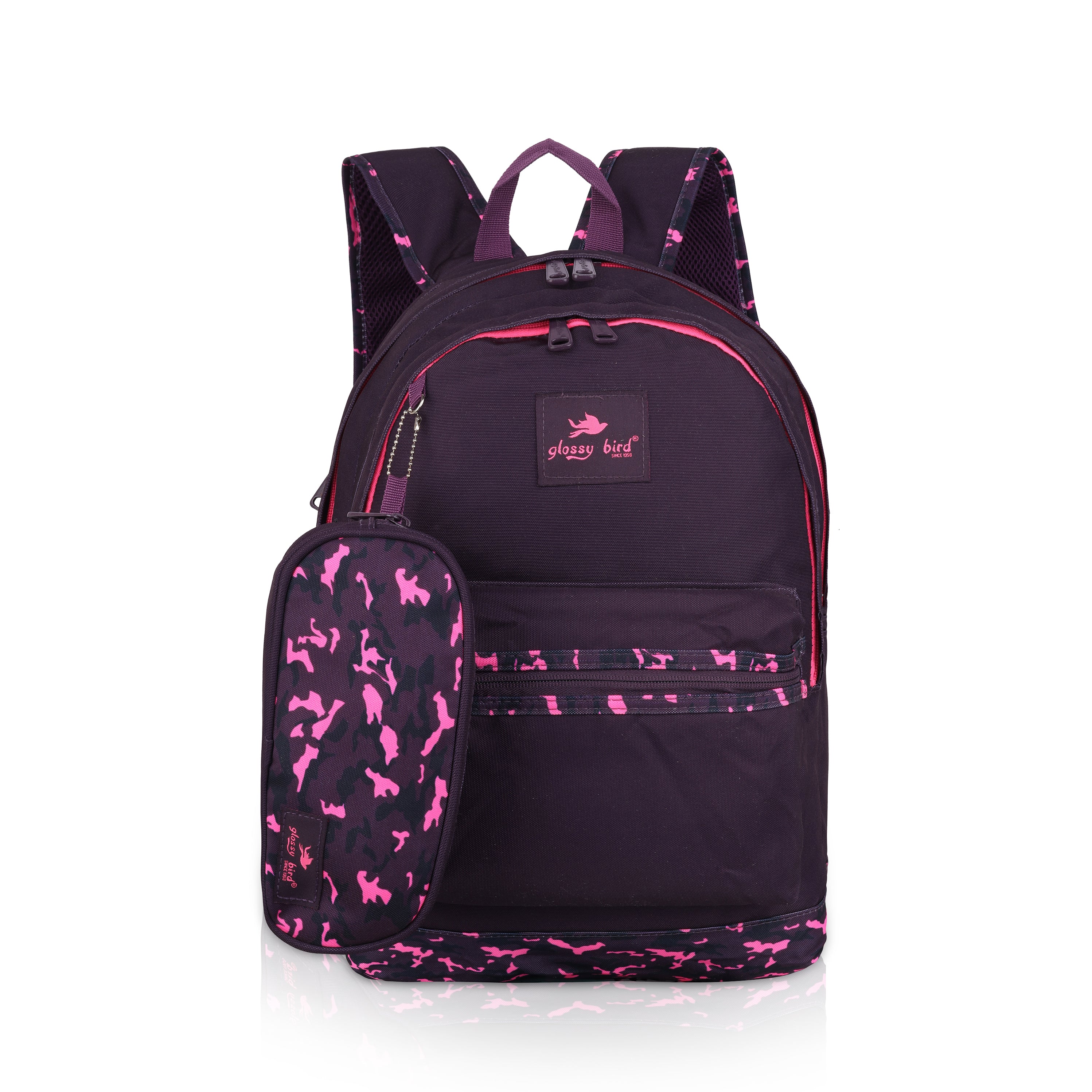Echo Boomers Glossy Bird Backpack (PURPLE) – Water-Resistant School, Travel & Office Bag for Men & Women with Detachable Pouch, Padded Straps, Multi-Pockets & Reflective Strips