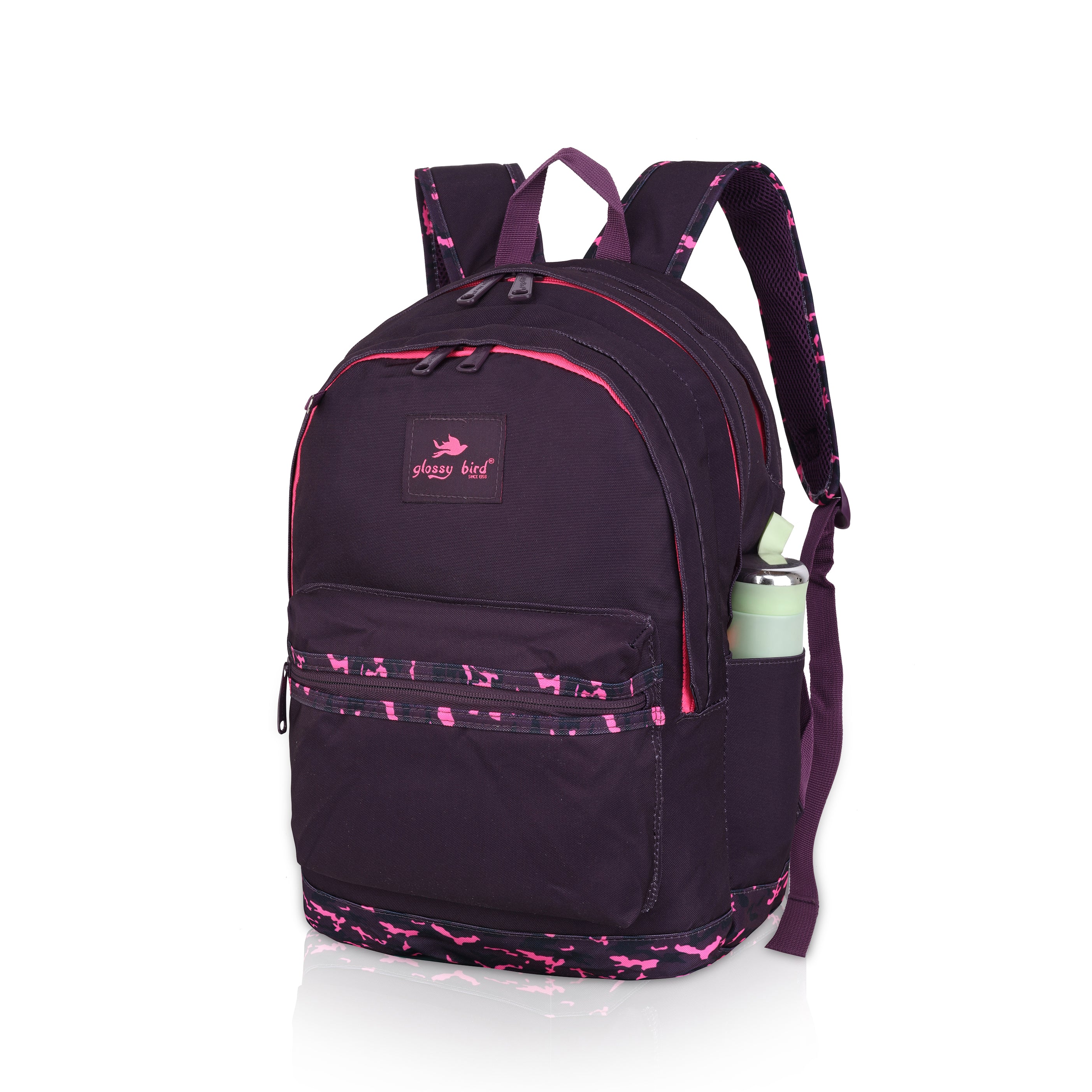 Echo Boomers Glossy Bird Backpack (PURPLE) – Water-Resistant School, Travel & Office Bag for Men & Women with Detachable Pouch, Padded Straps, Multi-Pockets & Reflective Strips