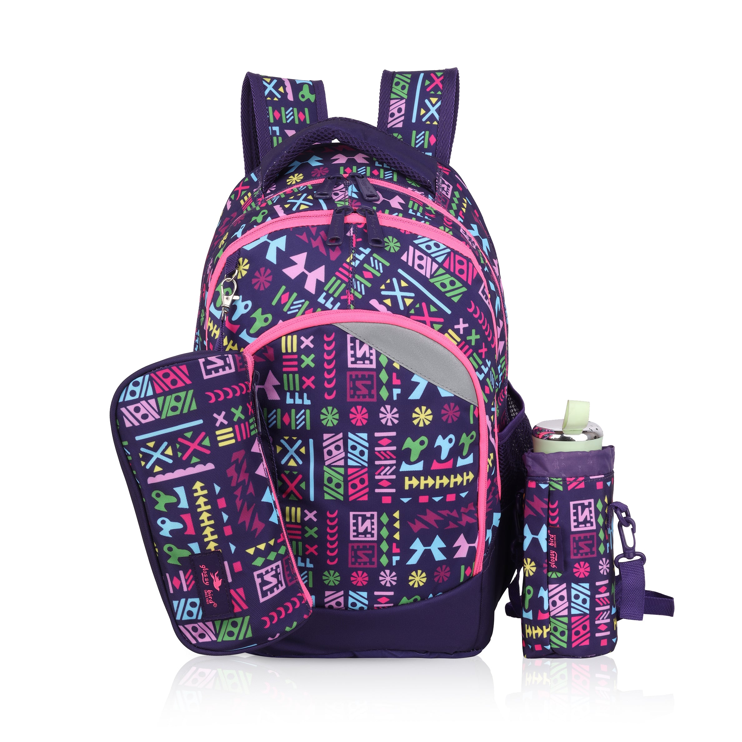 Echo Boomers Glossy Bird Backpack (BLACK) – Lightweight Water-Resistant School Bag for Girls & Boys with Detachable Pouch & Bottle Holder – Stylish Multi-Pocket Travel Backpack