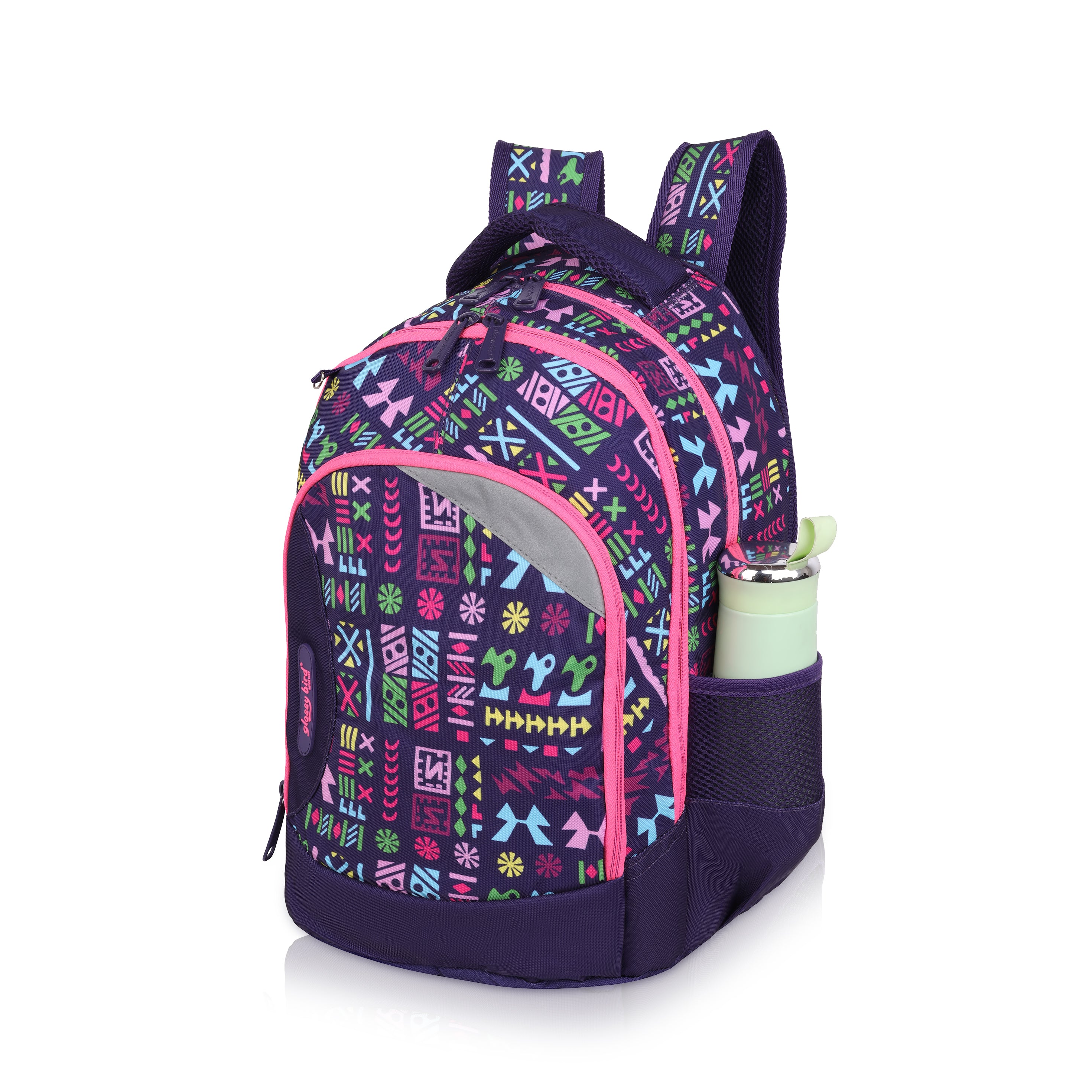 Echo Boomers Glossy Bird Backpack (BLACK) – Lightweight Water-Resistant School Bag for Girls & Boys with Detachable Pouch & Bottle Holder – Stylish Multi-Pocket Travel Backpack