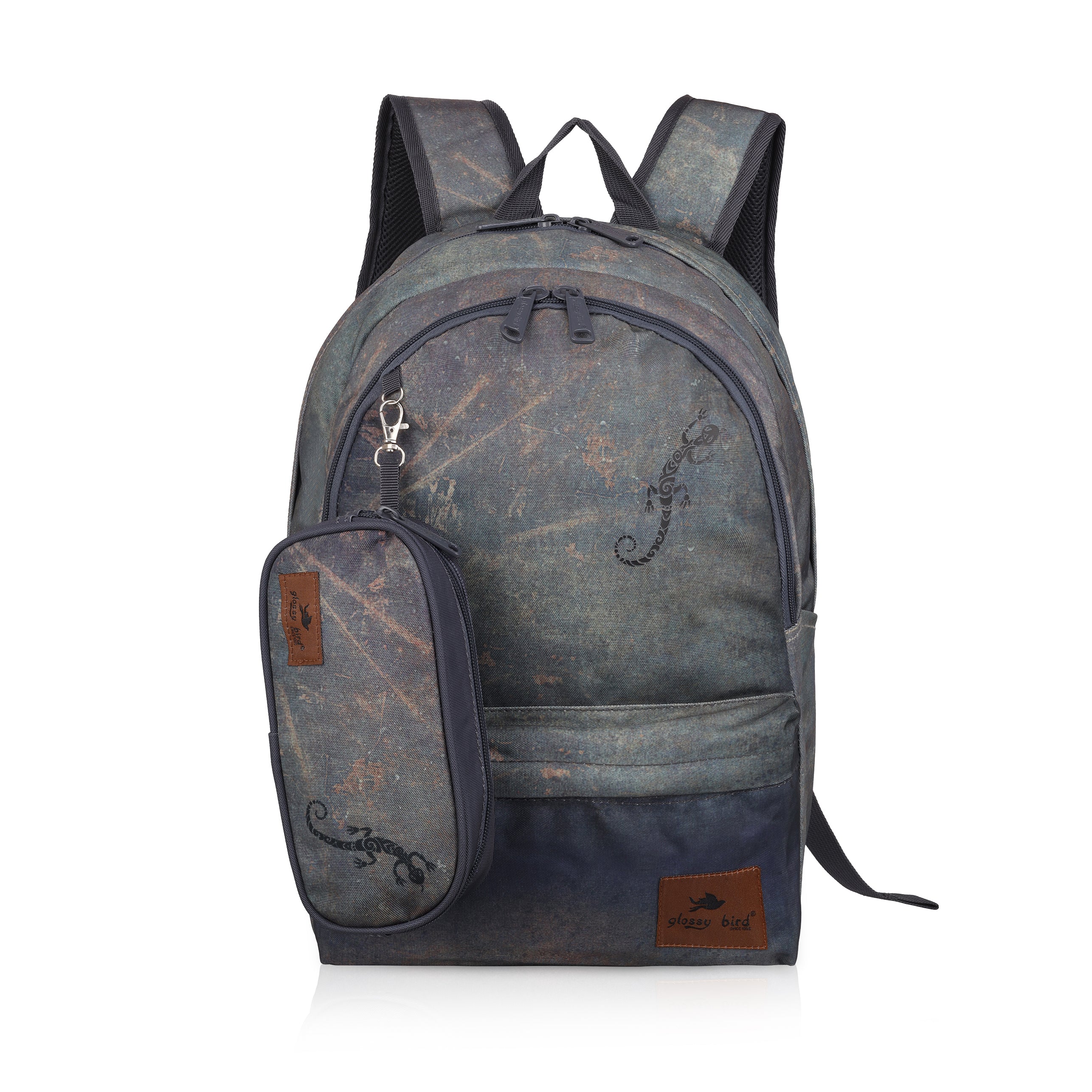 Echo Boomers Glossy Bird Backpack – Water-Resistant Stylish Bag with 3 Compartments, Bottle Holder, Detachable Pouch & Padded Straps – School & Travel Bag (AQUA)