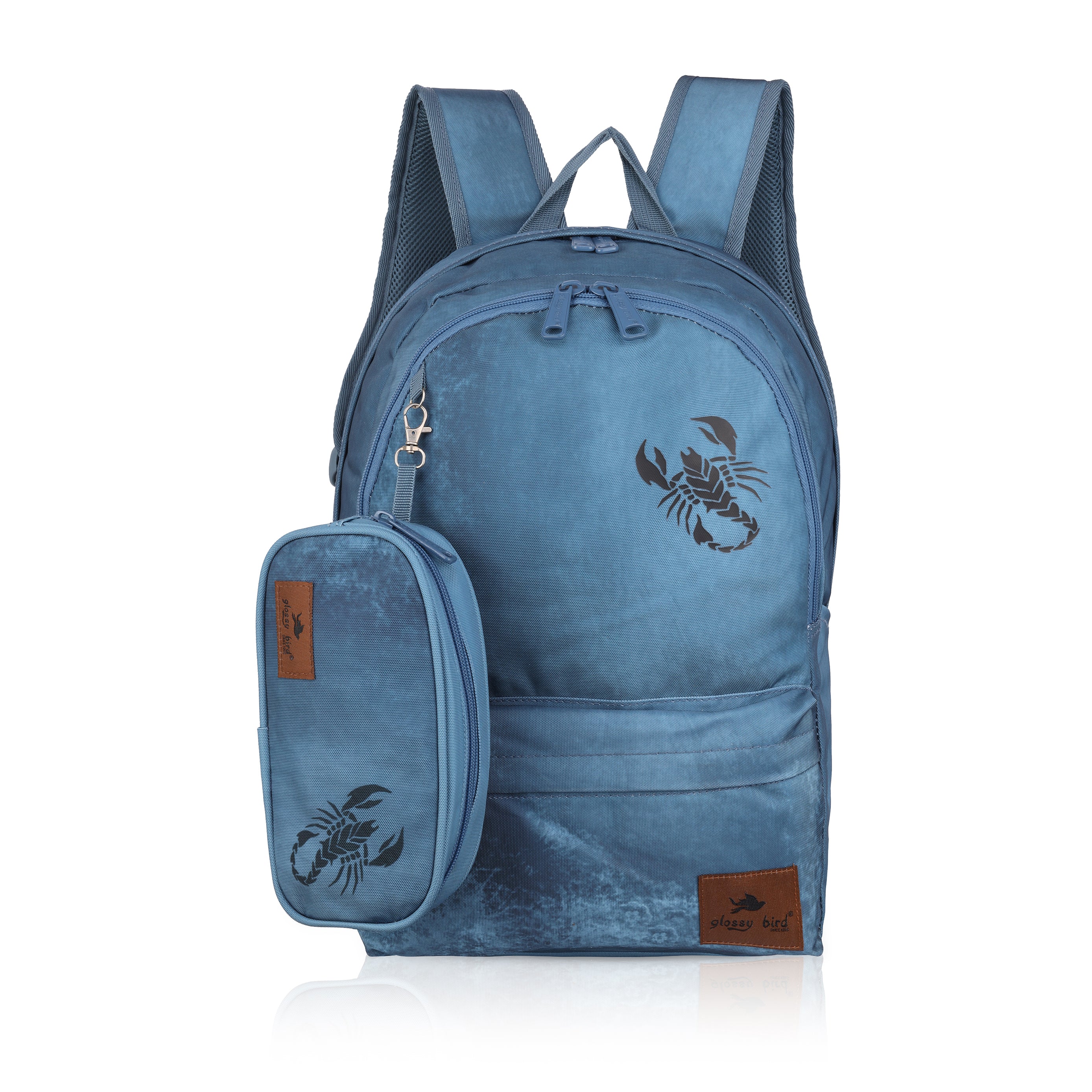 Echo Boomers Glossy Bird Backpack – Water-Resistant Stylish Bag with 3 Compartments, Bottle Holder, Detachable Pouch & Padded Straps – School & Travel Bag (AQUA)