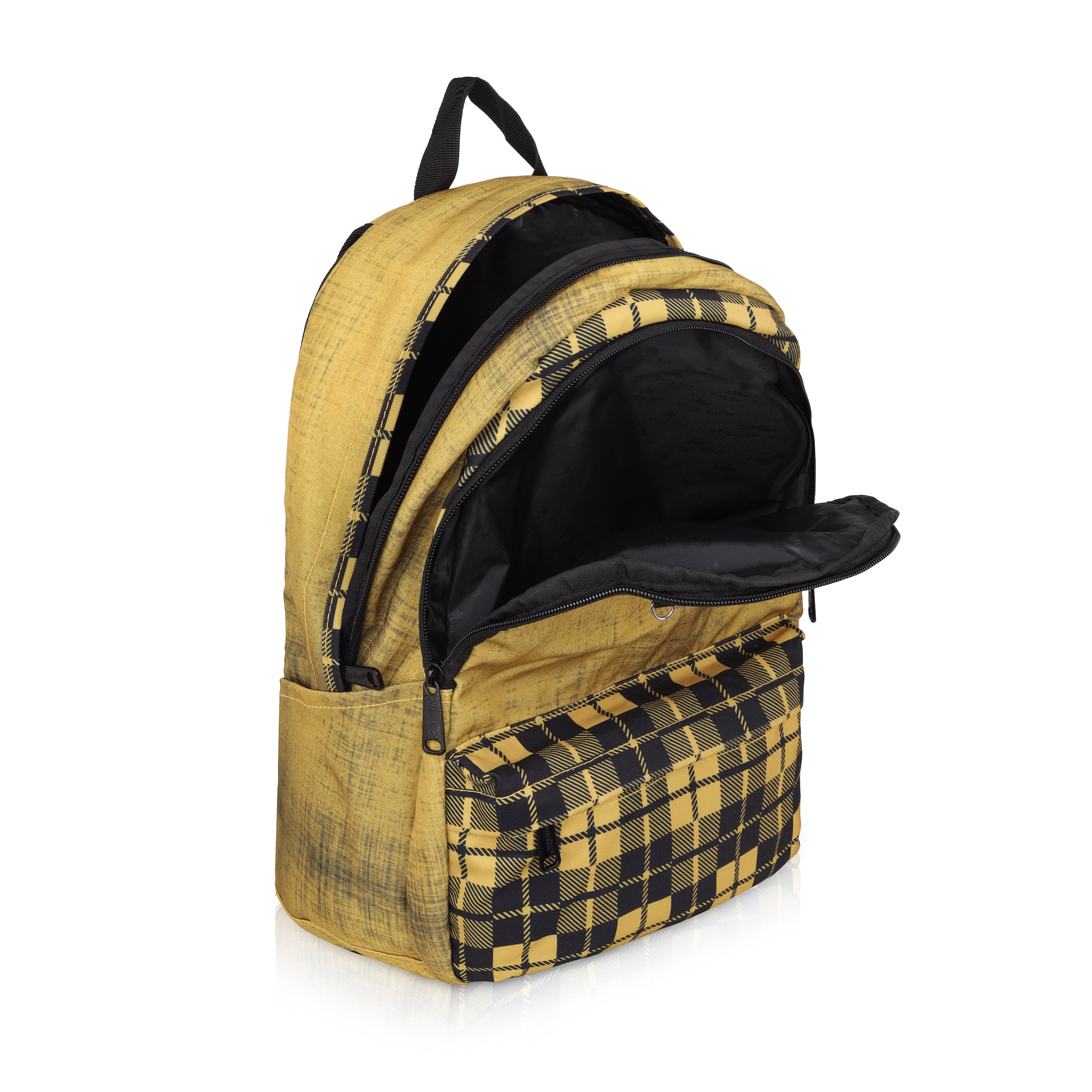Echo Boomers Glossy Bird 21L Unisex Backpack with Pouch – Stylish Check Design, 3 Compartments, Front Pocket, Bottle Holder – Water-Resistant School, Travel, Office Bag (Yellow