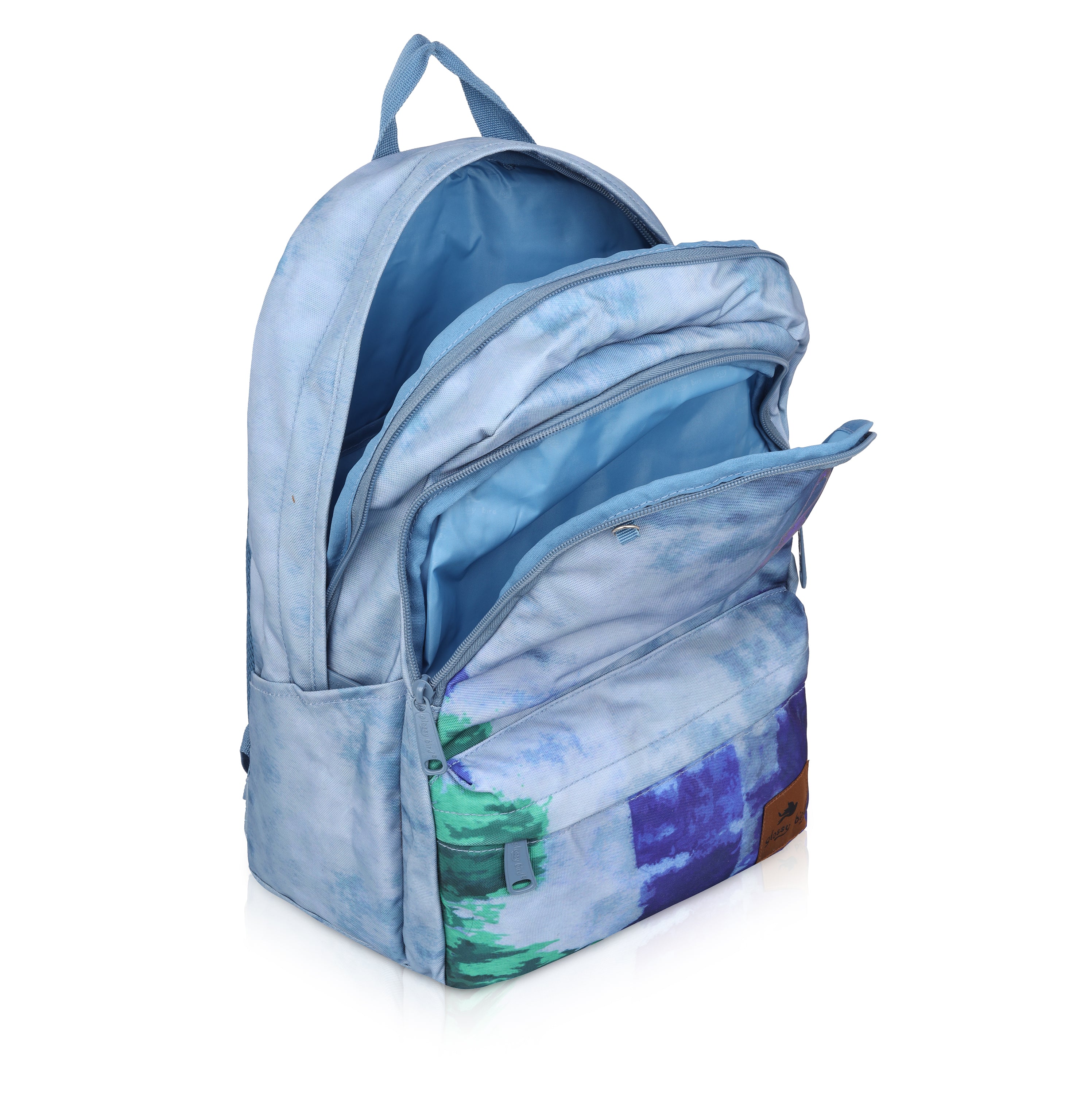 Echo Boomers Glossy Bird Backpack – Water-Resistant Stylish Bag with 3 Compartments, Bottle Holder, Detachable Pouch & Padded Straps – School & Travel Bag (AQUA)