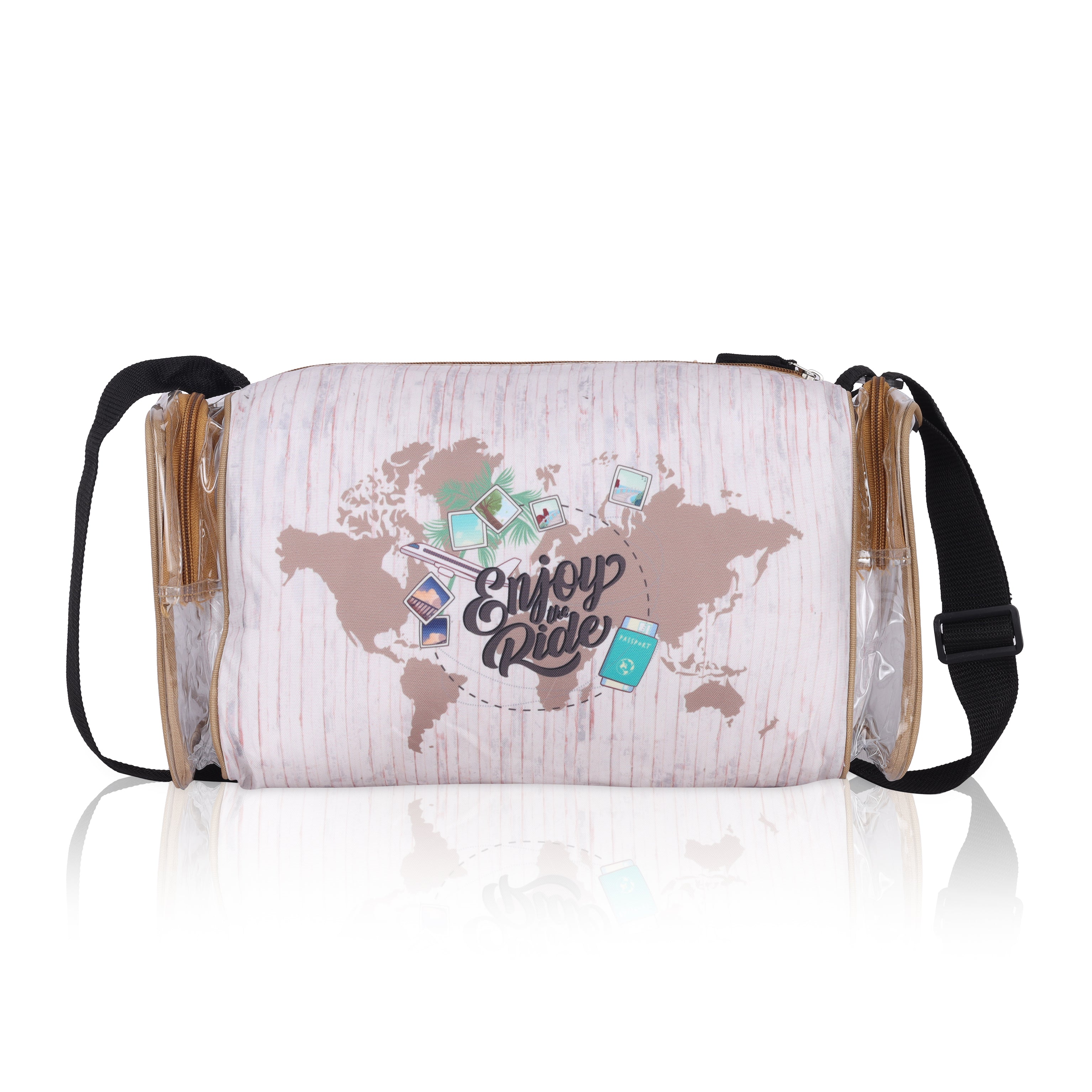 Echo Boomers White Enjoy the Rider Print Square Travel Duffle Gym Luggage Bag with PVC Side Compartments