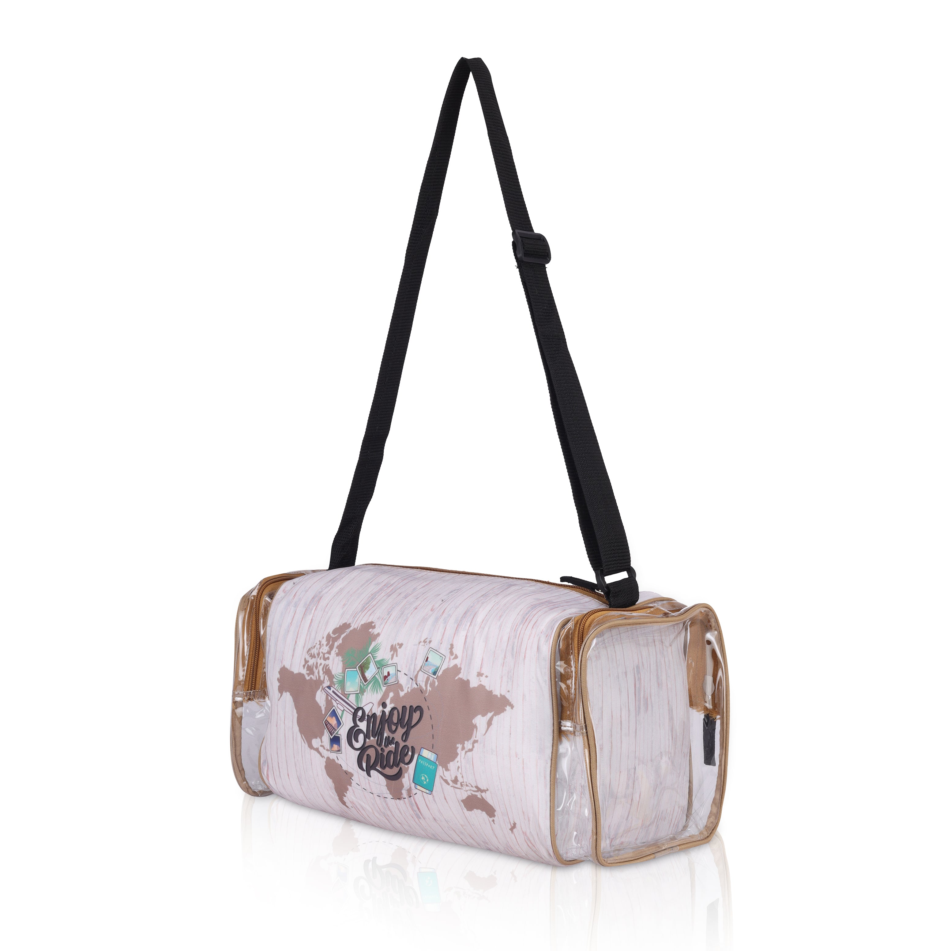 Echo Boomers White Enjoy the Rider Print Square Travel Duffle Gym Luggage Bag with PVC Side Compartments
