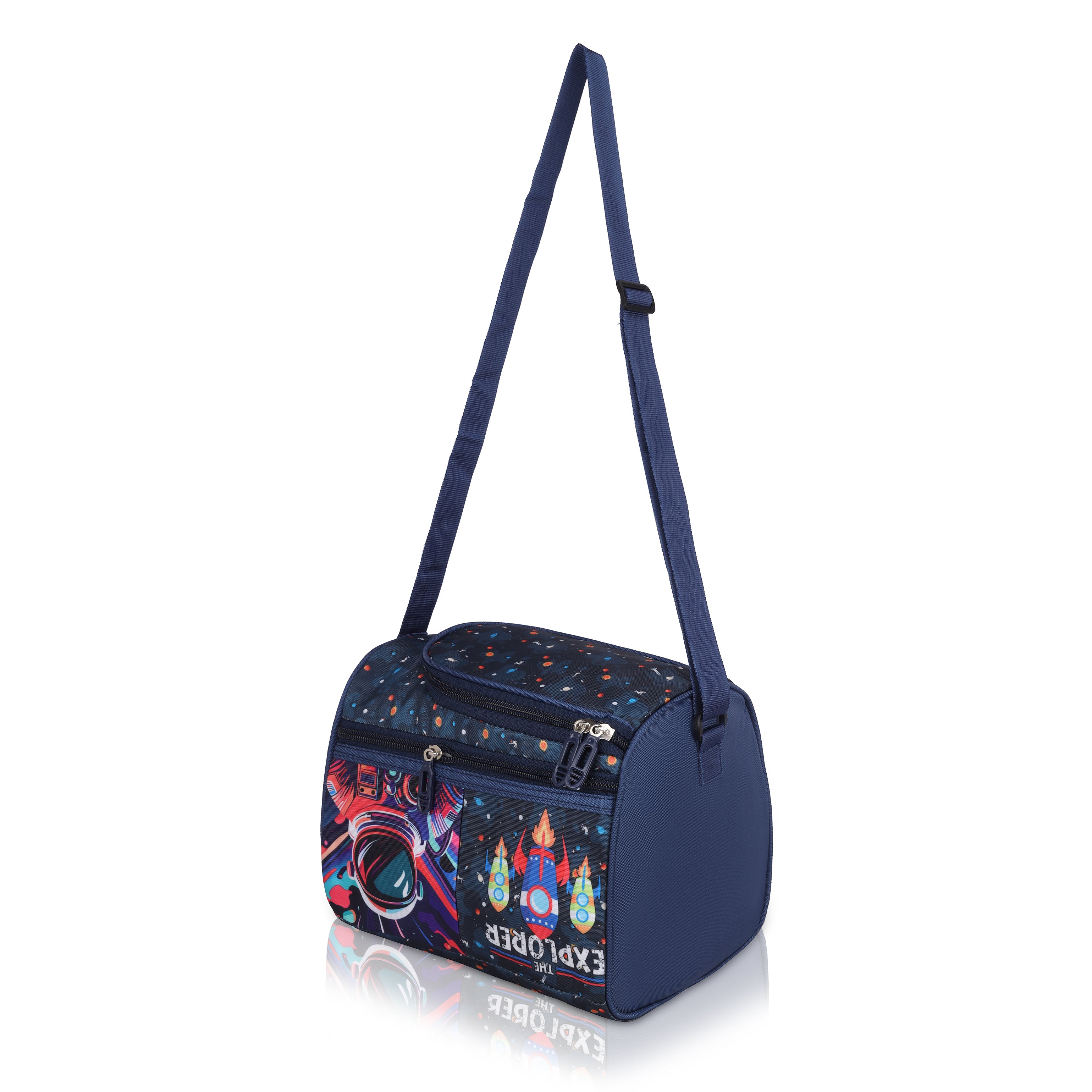 Echo Boomers Blue Explorer Printed Double Insulated Tiffin Lunch Bag with Multi Zipper Pockets - Blue