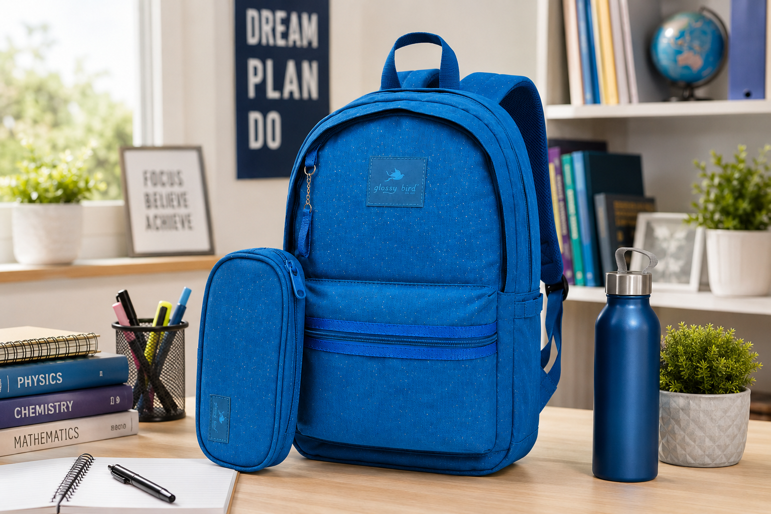 Echo Boomers Glossy Bird Everyday Backpack with Pencil Pouch| Water-Resistant Backpack for School, College, Office & Travel | Lightweight with Multiple Compartments