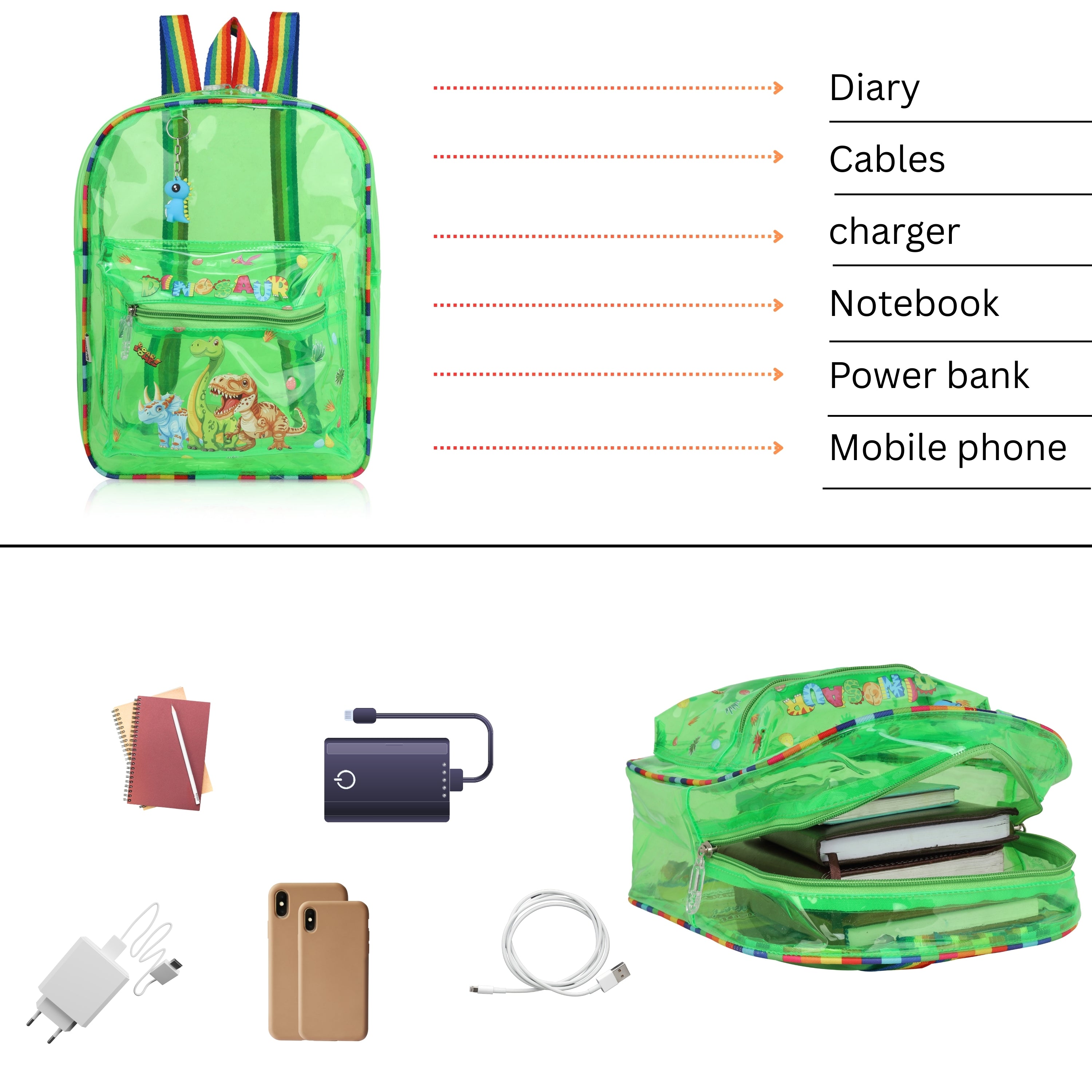 Echo Boomers Green Jelly Backpack Stylish, Lightweight & Durable with Dinosaur Print & “Dinosaur” Text, Transparent Soft Plastic, Adjustable Straps, Sturdy Handle, Premium Zipper & Versatile Design for School, Play & Everyday Adventures.