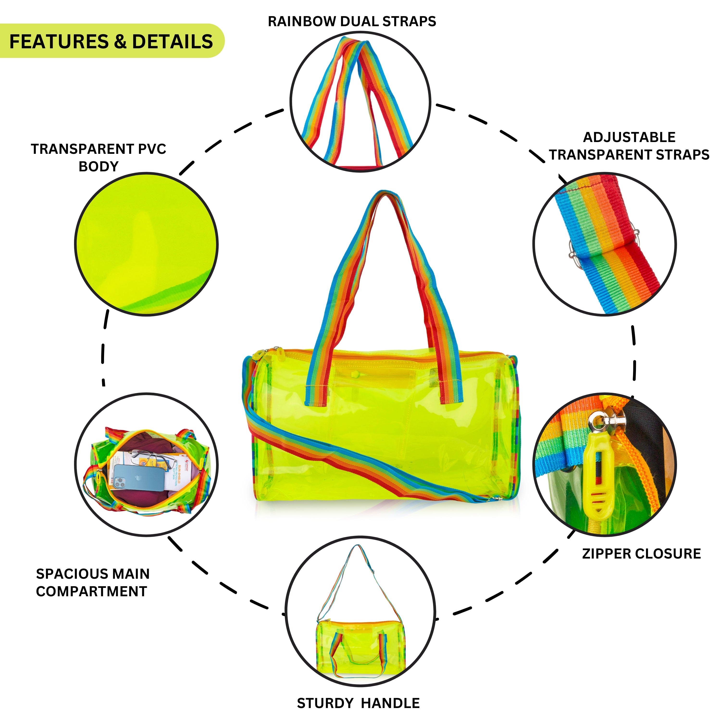 Echo Boomers See-Through Jelly Duffle –  Transparent Bag with Rainbow Handles | Trendy Handbag for School, Gym, Travel, Beach