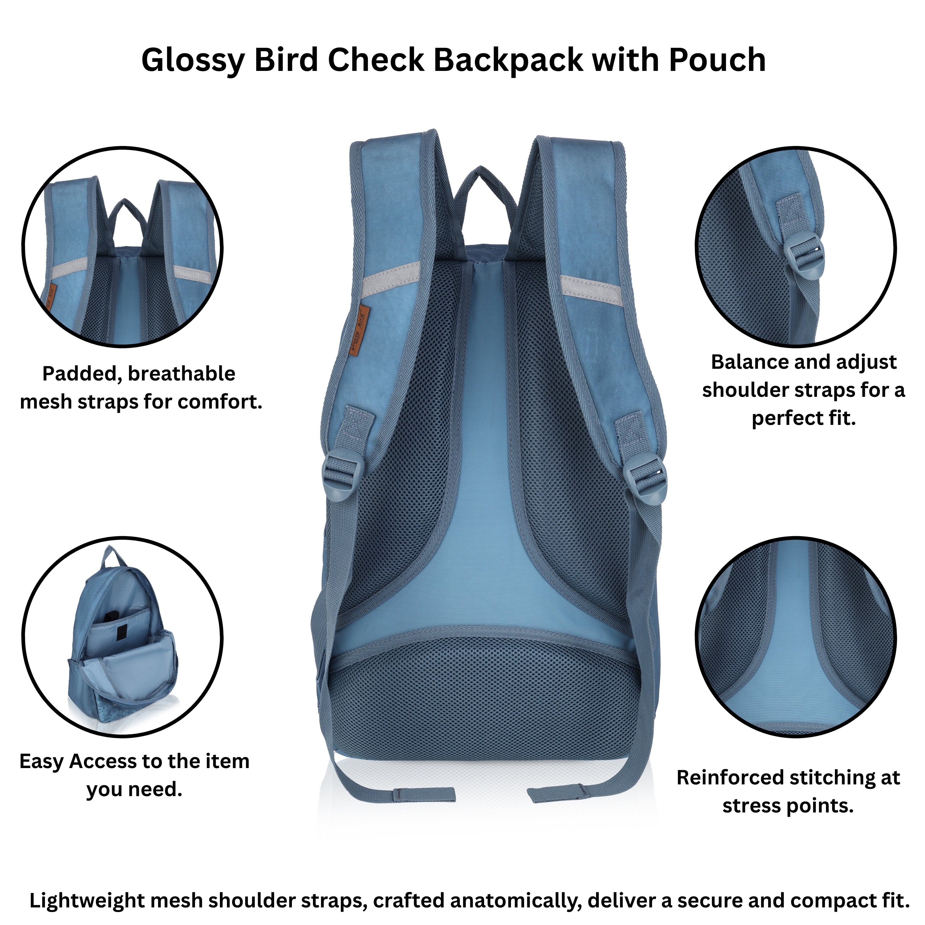 Echo Boomers Glossy Bird Backpack – Water-Resistant Stylish Bag with 3 Compartments, Bottle Holder, Detachable Pouch & Padded Straps – School & Travel Bag (AQUA)