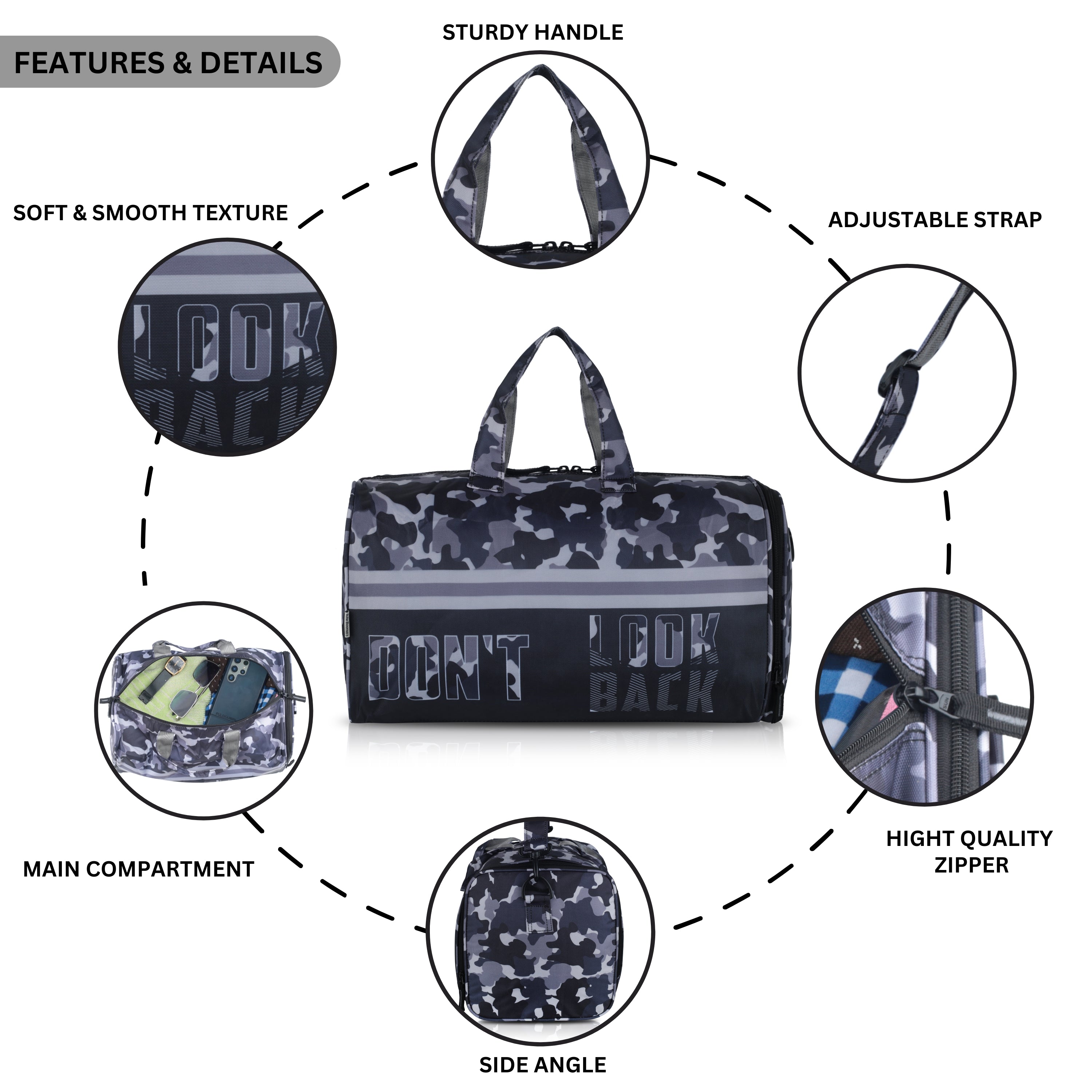 Echo Boomers Square Text Print Duffle Bag – Stylish Travel & Gym Bag with Shoe Compartment