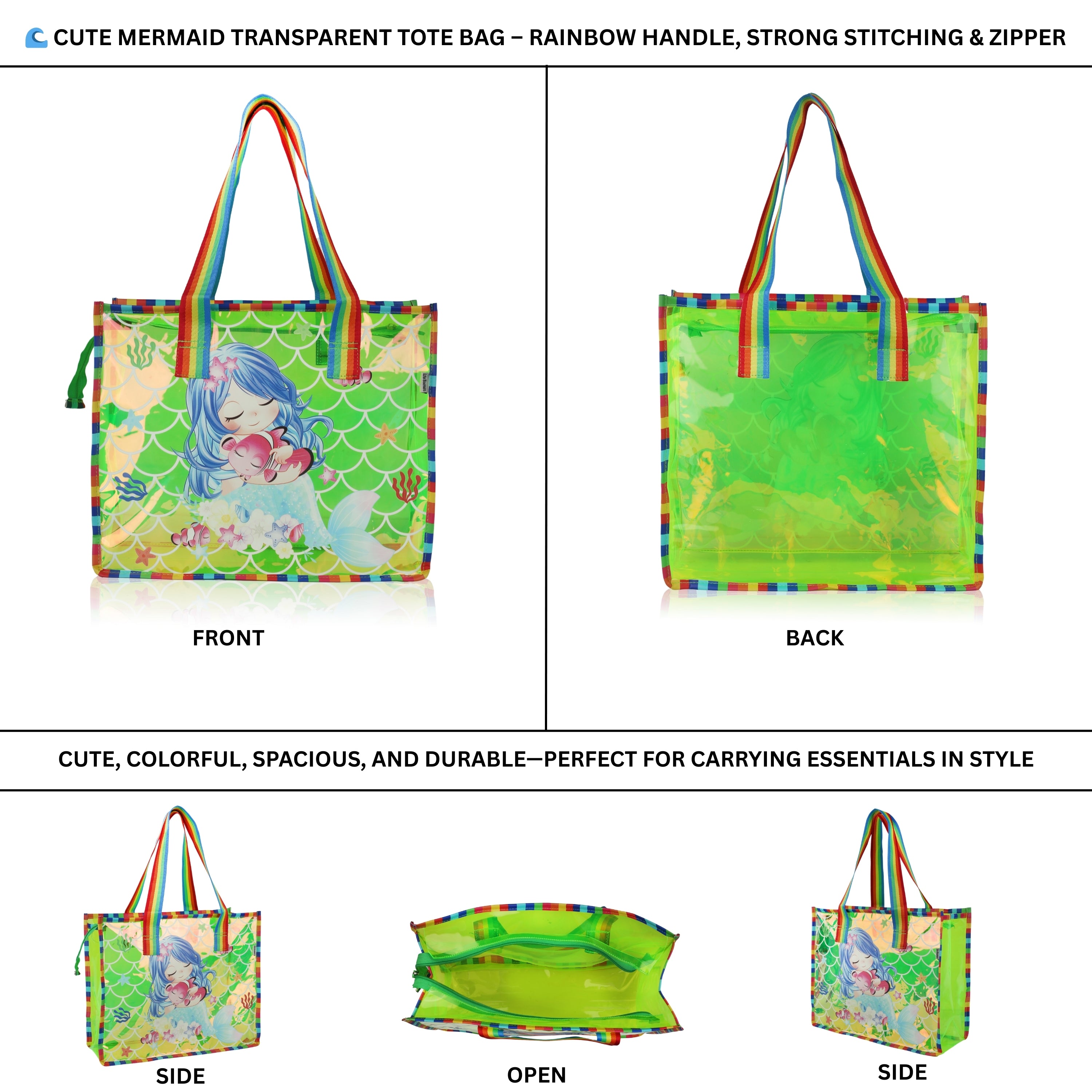 Echo Boomers Cute Mermaid,Magical Unicorn Wings,Astronaut, Stylish Cat,Cute Love Unicorn Transparent 50 GsmTote Bag – Rainbow Handles | Spacious, Durable & Stylish PVC Bag