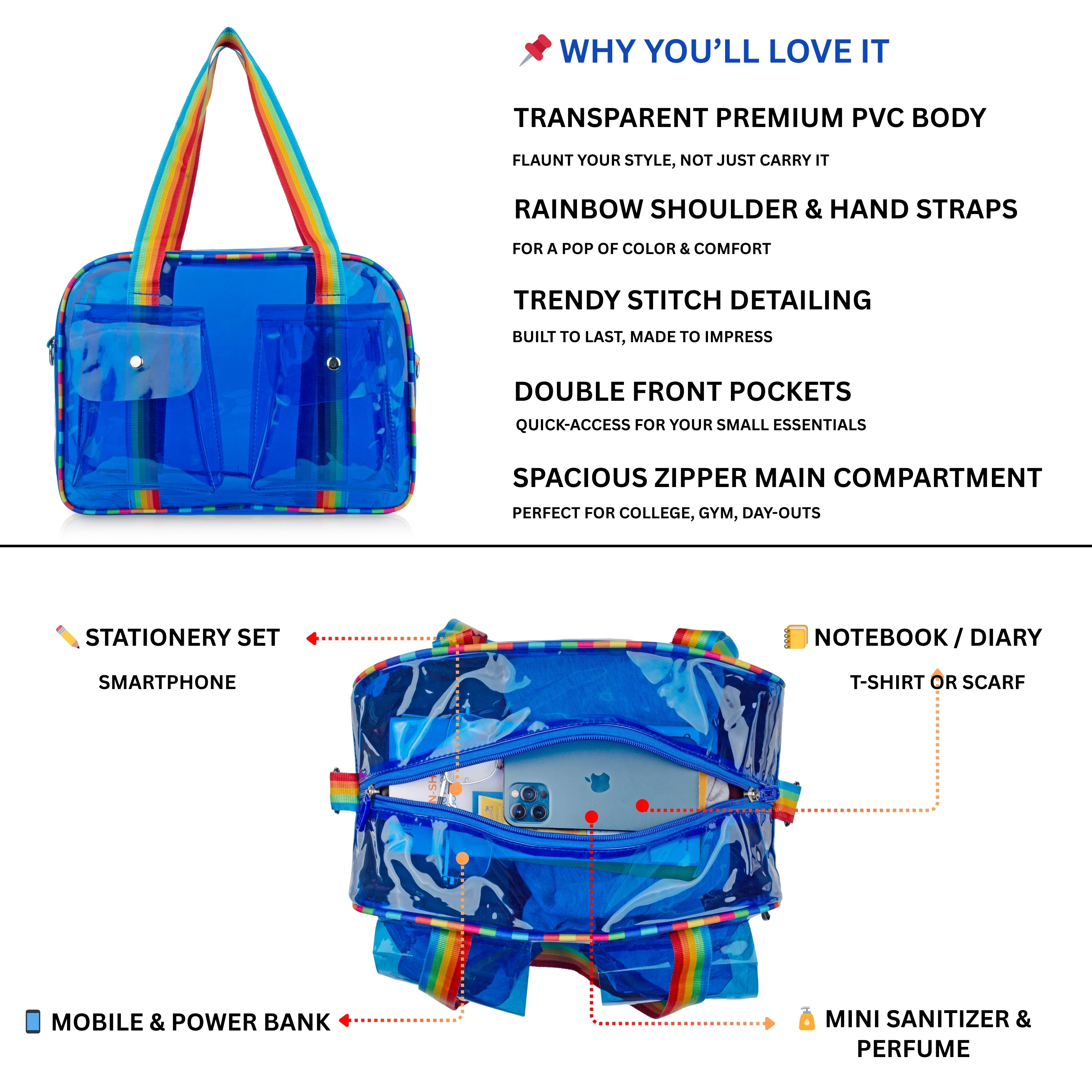 Echo Boomers Unisex Transparent Jelly Duffle Bag – Trendy  Travel Tote with Rainbow Straps & Dual Front Pockets – Fashion Gym, College & Weekend Bag