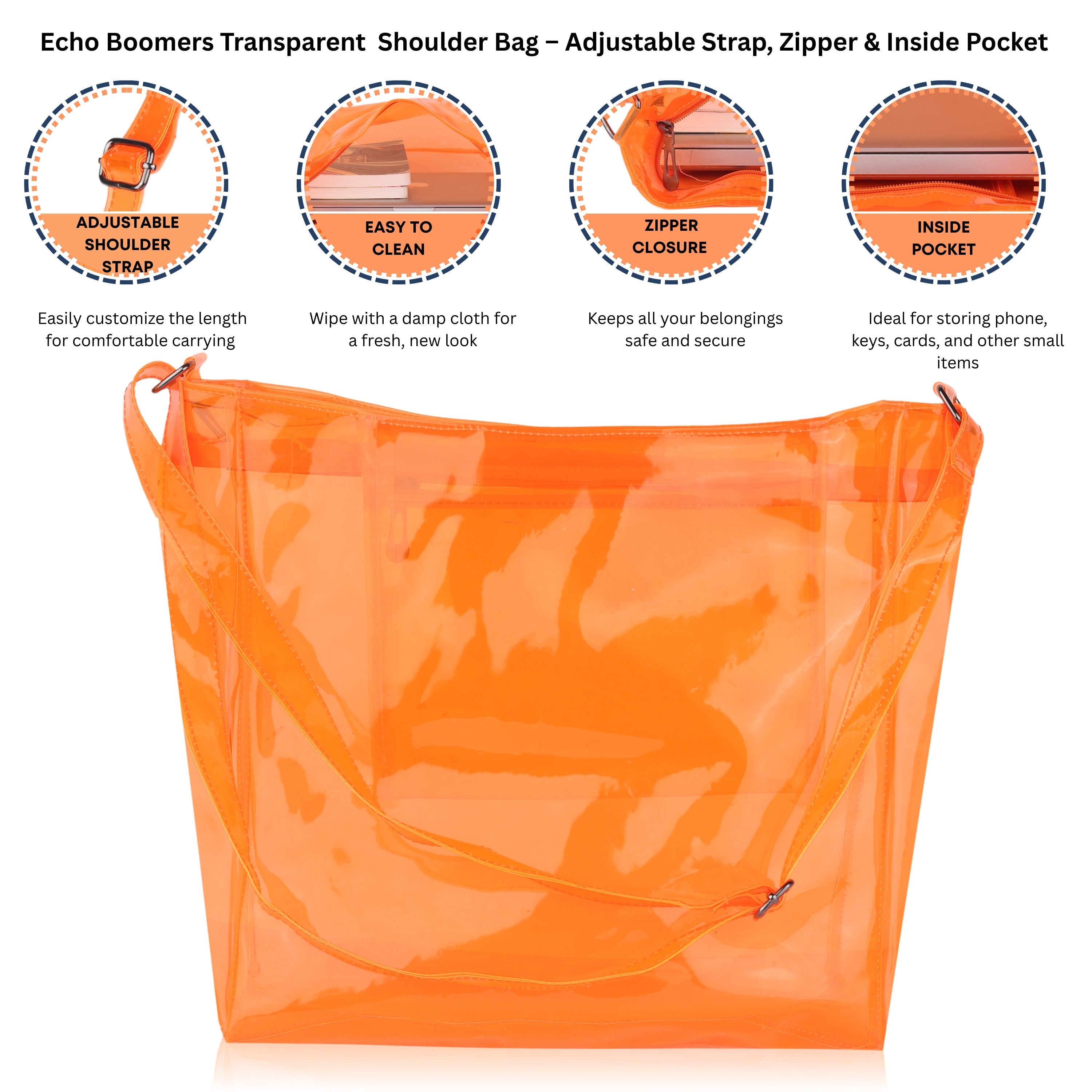 Echo Boomers Transparent Shoulder Bag – Neon Orange, Pink, Green ,Purple, Yellow & Blue| Stylish, Spacious, Durable & Multipurpose PVC Tote