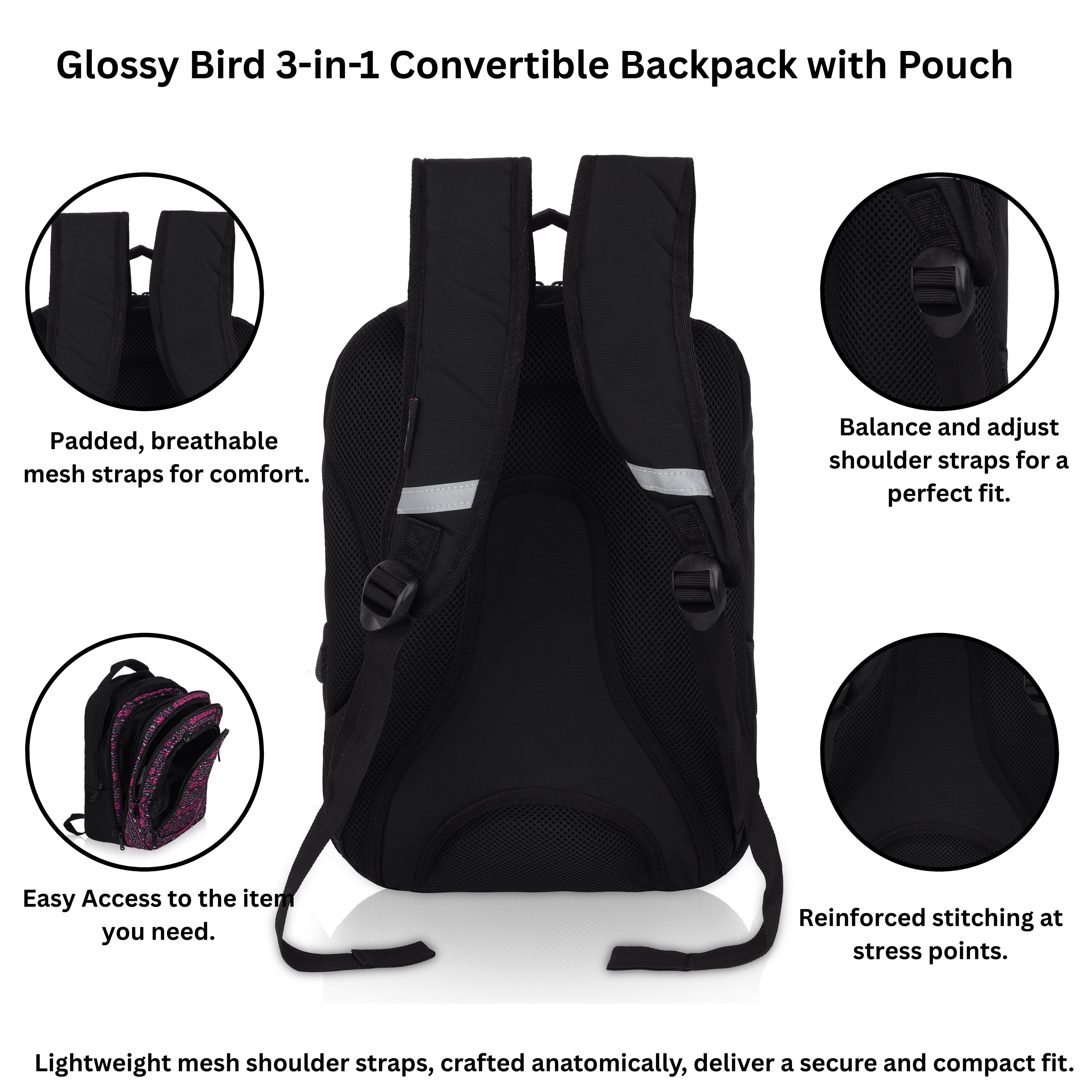 Echo Boomers Glossy Bird Unisex Backpack for School, Office & Travel – Water-Resistant, Lightweight Bag with 4 Compartments, Bottle Holder, Detachable Pouch & Ergonomic Straps (Purple)
