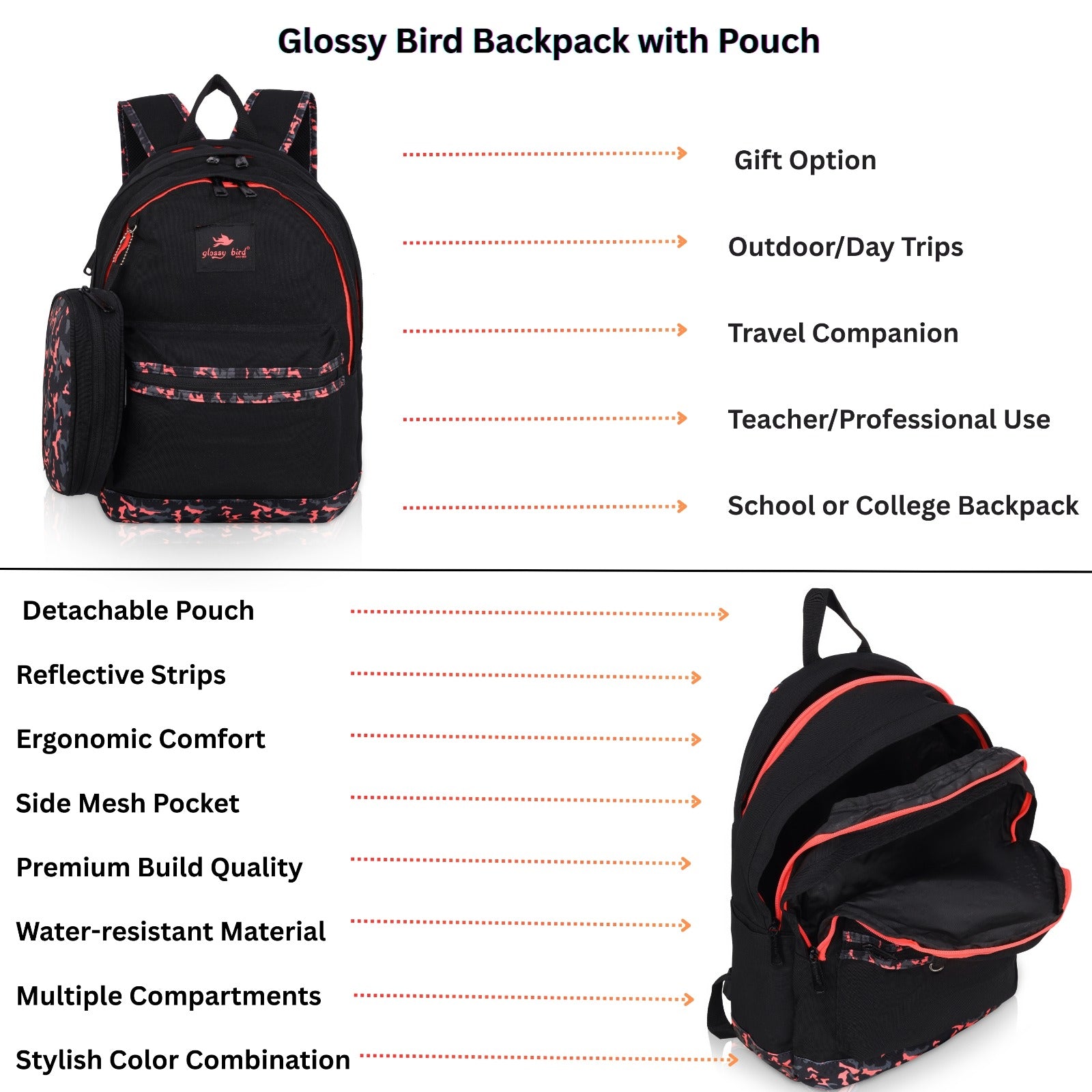 Echo Boomers Glossy Bird Backpack (PURPLE) – Water-Resistant School, Travel & Office Bag for Men & Women with Detachable Pouch, Padded Straps, Multi-Pockets & Reflective Strips