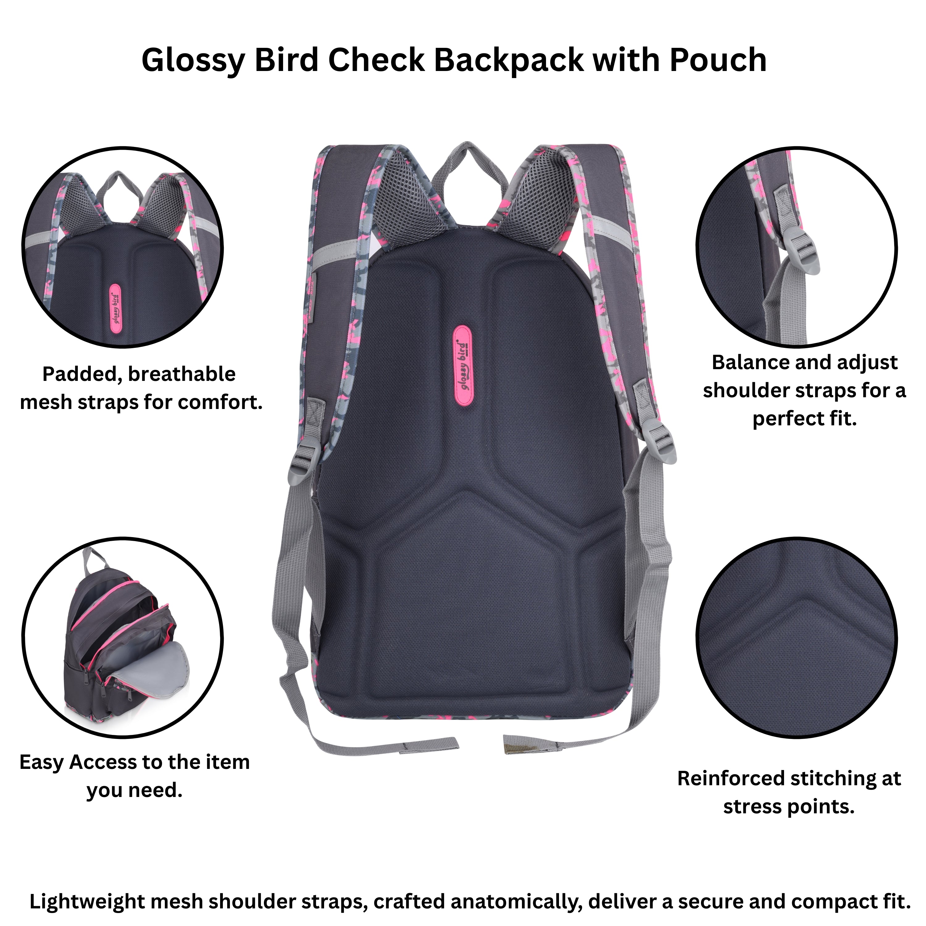 Echo Boomers Glossy Bird Backpack (PURPLE) – Water-Resistant School, Travel & Office Bag for Men & Women with Detachable Pouch, Padded Straps, Multi-Pockets & Reflective Strips