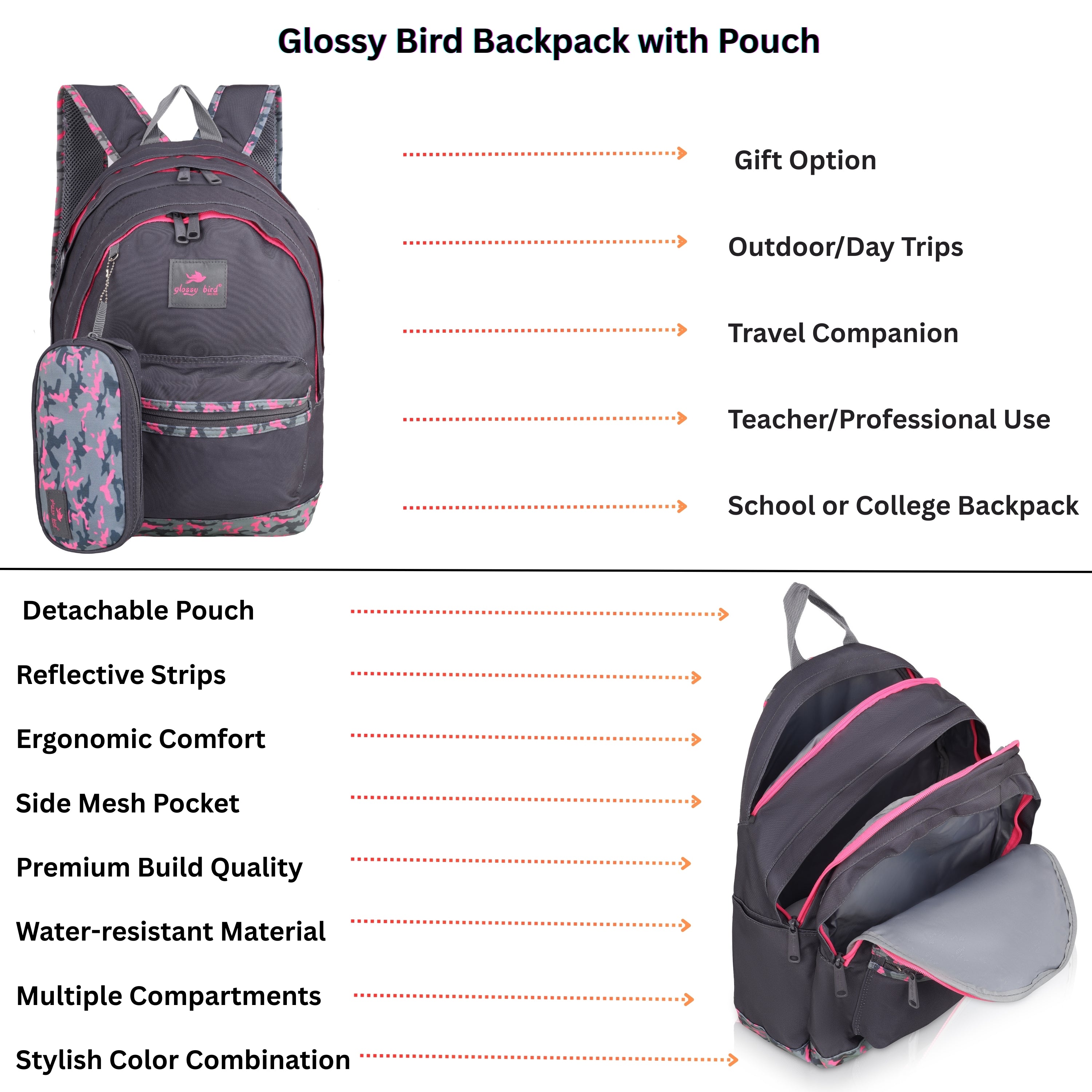 Echo Boomers Glossy Bird Backpack (PURPLE) – Water-Resistant School, Travel & Office Bag for Men & Women with Detachable Pouch, Padded Straps, Multi-Pockets & Reflective Strips